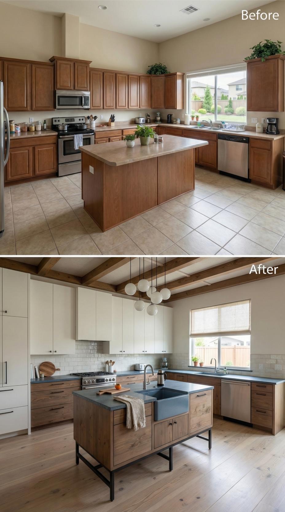 Exposed Wood Beams and Mixed Cabinet Finishes With Metal-Legged Island