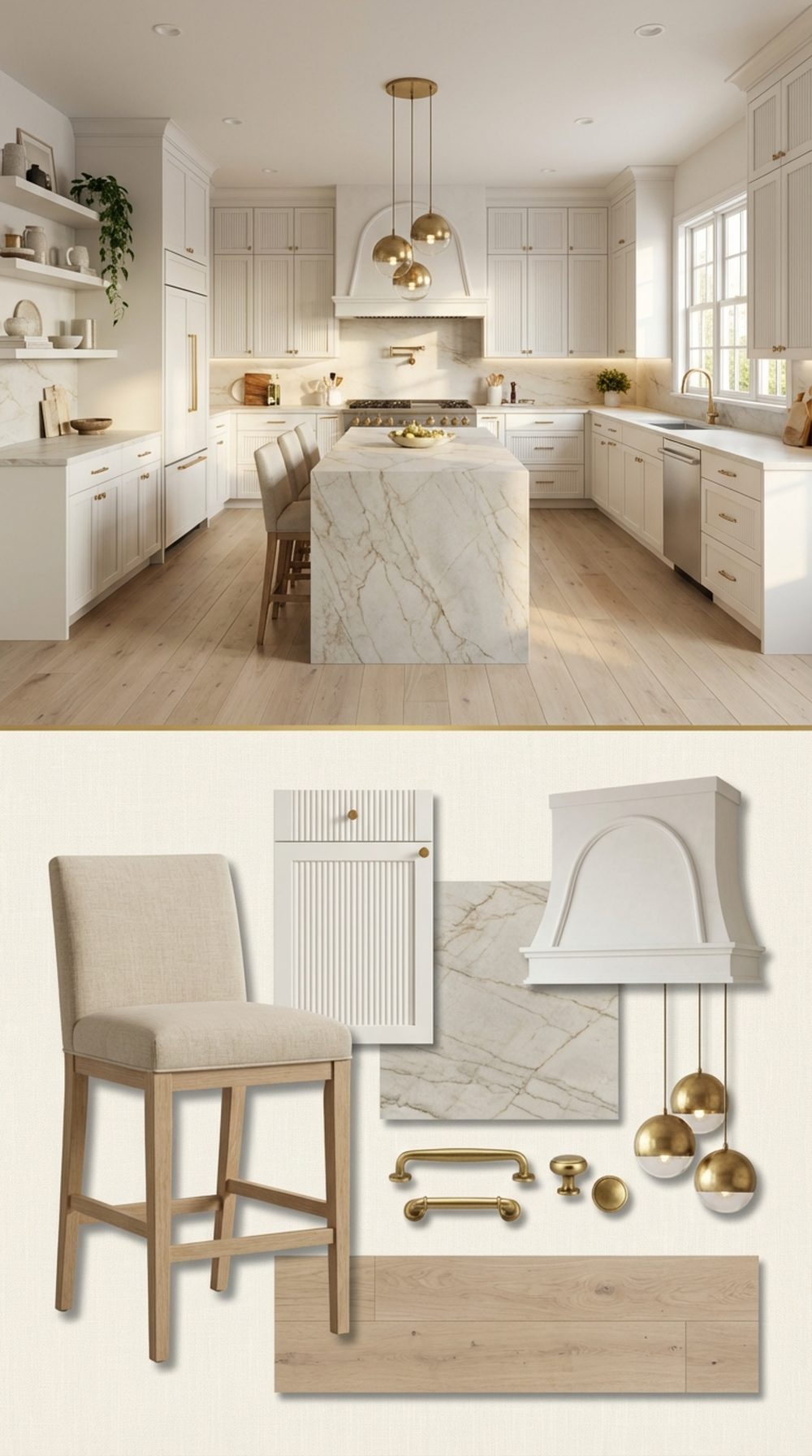 Alabaster White Farmhouse Kitchen with Fluted Cabinetry and Leathered Quartzite Island