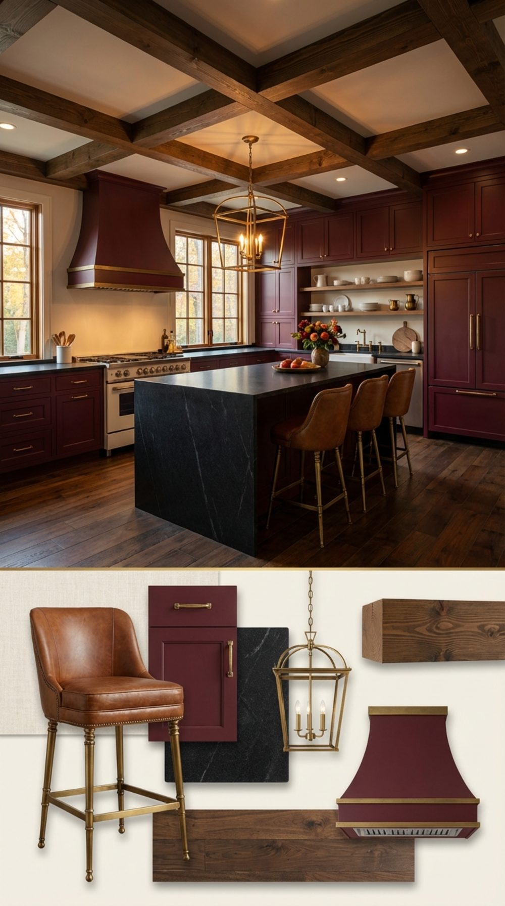 Rich Burgundy and Aged Brass Farmhouse Kitchen with Honed Black Granite and a Beamed Ceiling