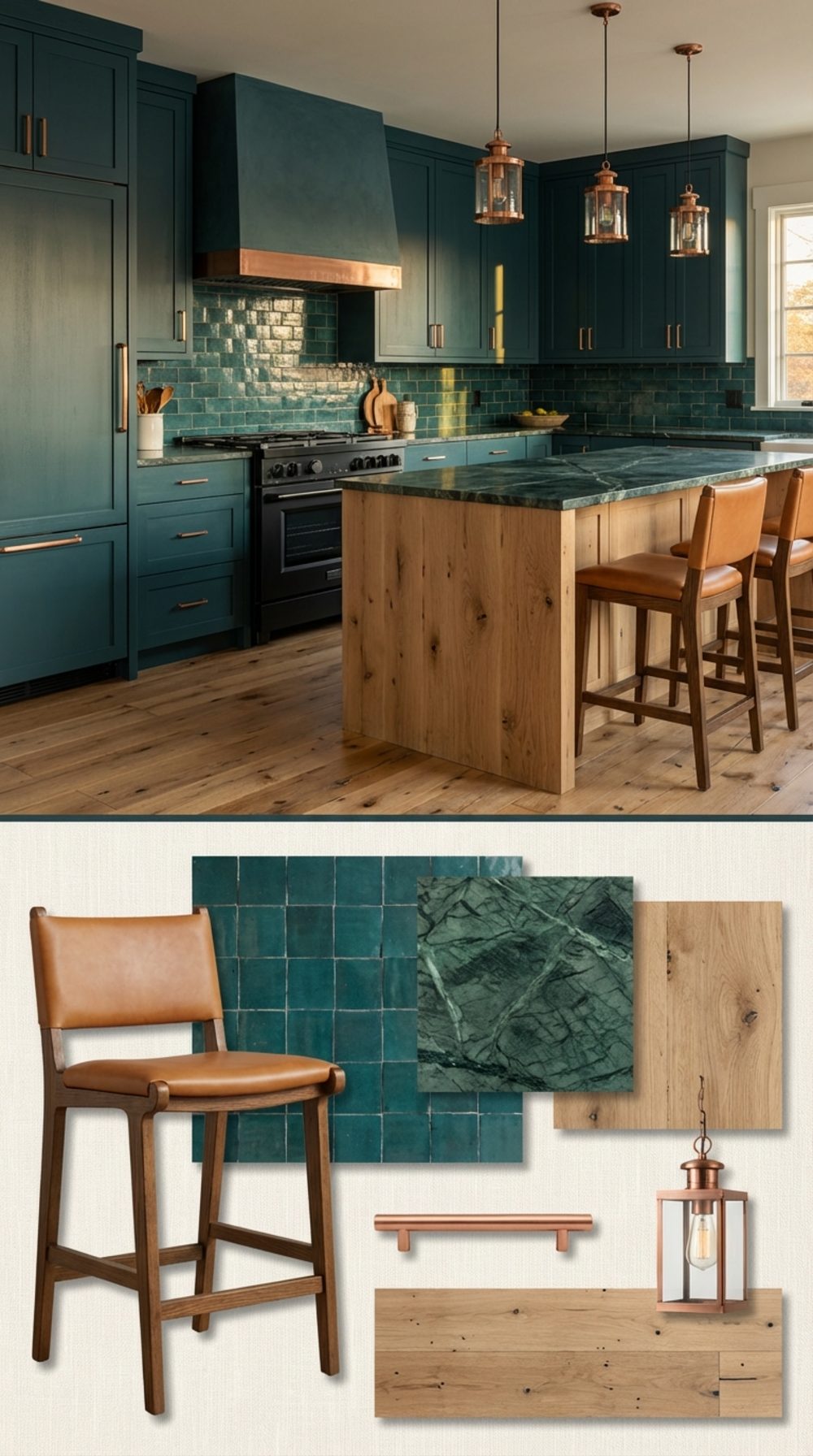 Deep Teal Farmhouse Kitchen with Unlacquered Copper Hardware, Zellige Tile, and a Rustic Oak Island