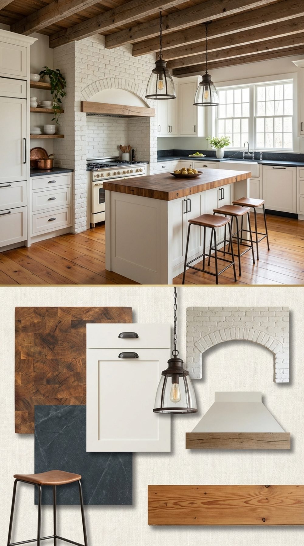 Warm White and Weathered Wood Farmhouse Kitchen with Open Rafters, Soapstone Perimeter, and a Brick Alcove Range