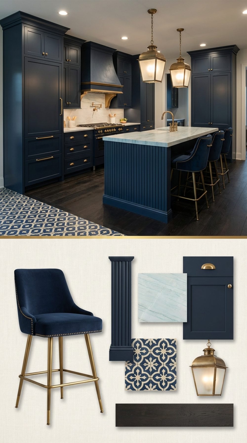 Midnight Blue and Warm Brass Farmhouse Kitchen with a Fluted Column Island and Hand-Painted Encaustic Tile Floor