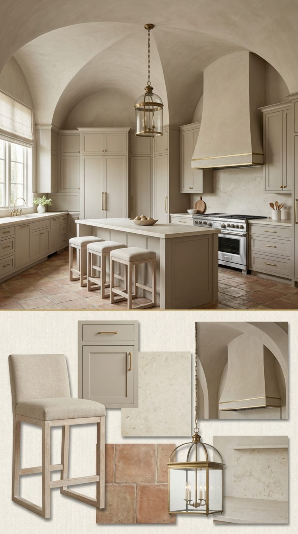 Warm Greige and Natural Limestone Farmhouse Kitchen with a Vaulted Barrel Ceiling and Integrated Everything