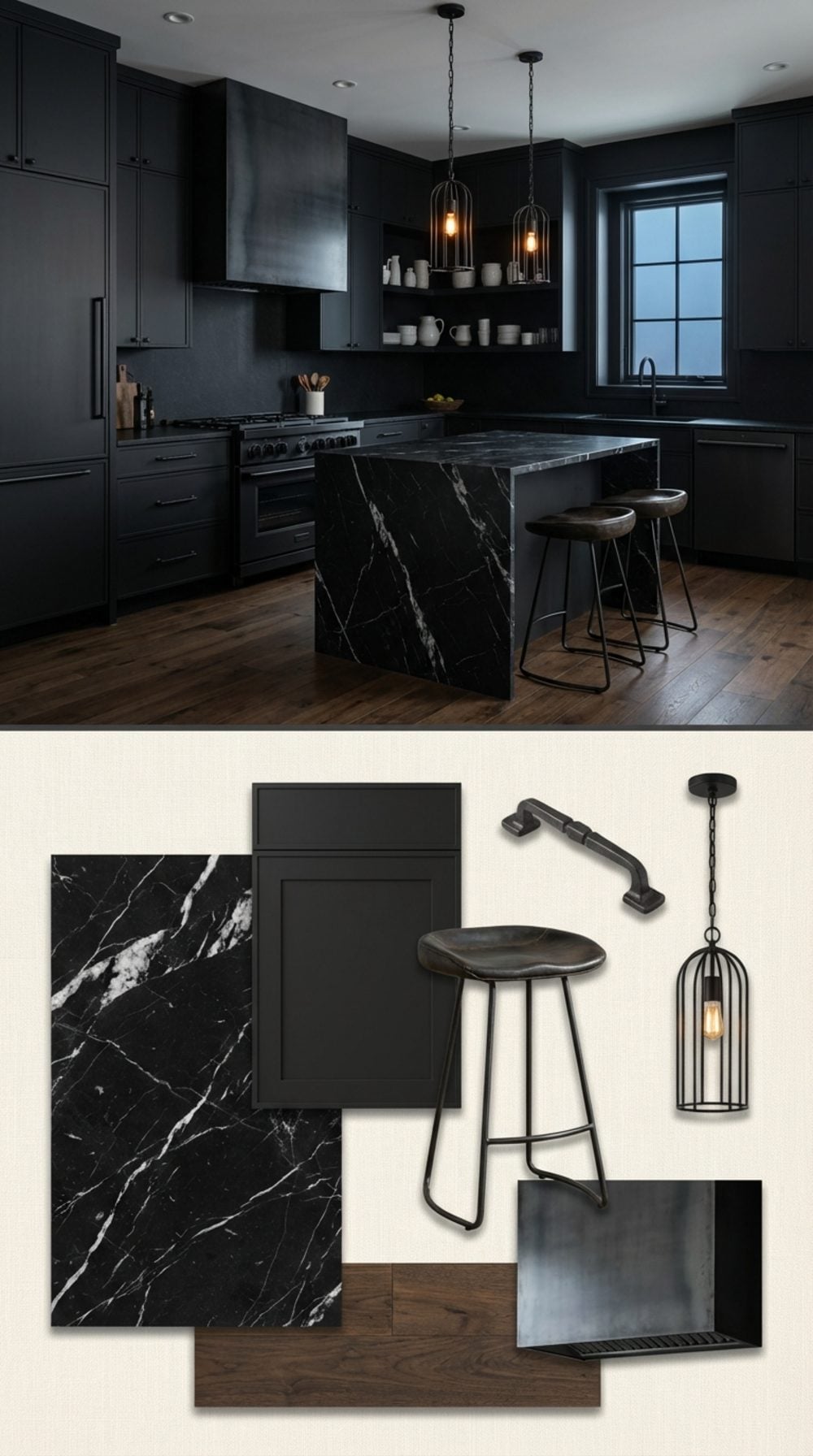Matte Black Modern Farmhouse Kitchen with Book-Matched Nero Marble and Forged Iron Accents