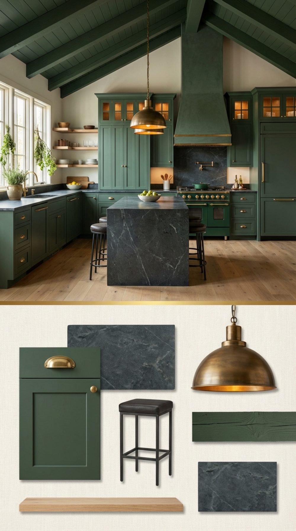 Forest Green Shaker Kitchen with Unlacquered Brass, Soapstone Counters, and a Cathedral Ceiling