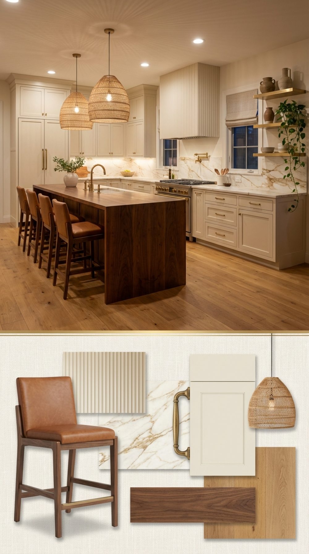 Warm Cream and Cognac Farmhouse Kitchen with Walnut Island and Custom Reeded Hood