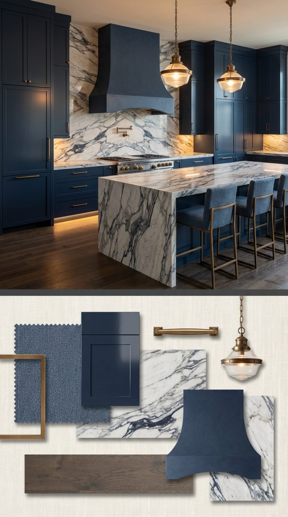 Navy Blue Farmhouse Kitchen with Integrated Column Fridge, Marble Slab Backsplash, and Bronze Hardware