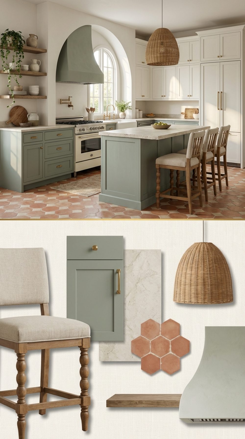 Sage Green and Warm White Farmhouse Kitchen with Terracotta Tile Floor and Arched Window Alcove