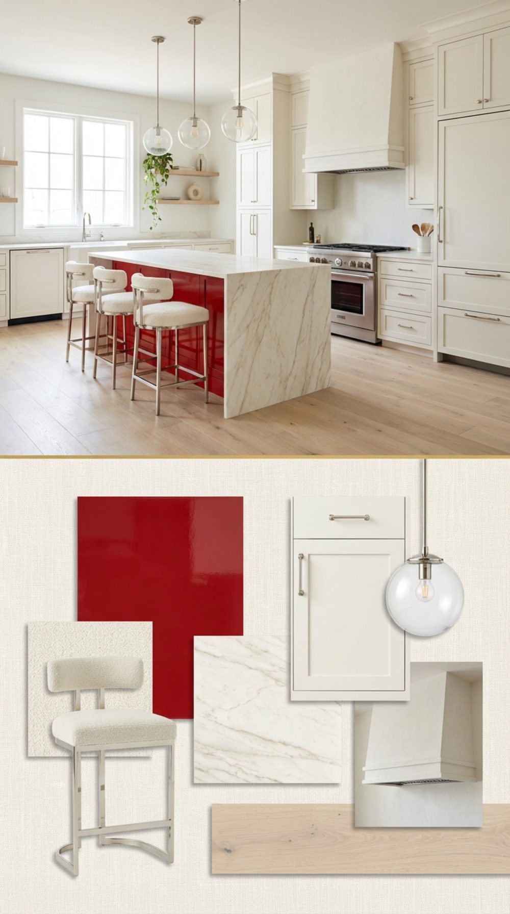 Bone White Farmhouse Kitchen with a Dramatic Red Lacquer Island and Polished Nickel Hardware