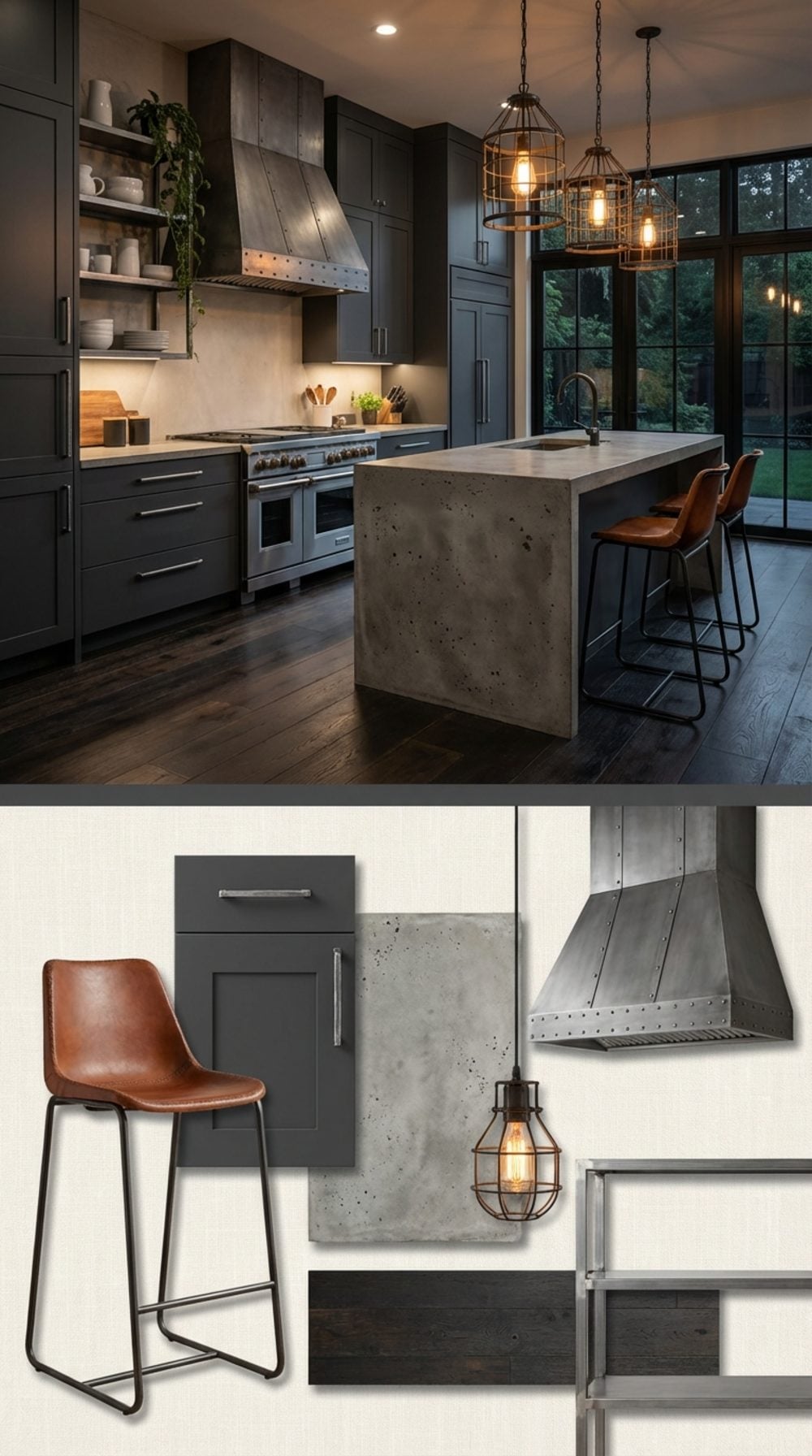 Charcoal Gray and Raw Steel Farmhouse Kitchen with Concrete Island and Industrial Cage Pendants