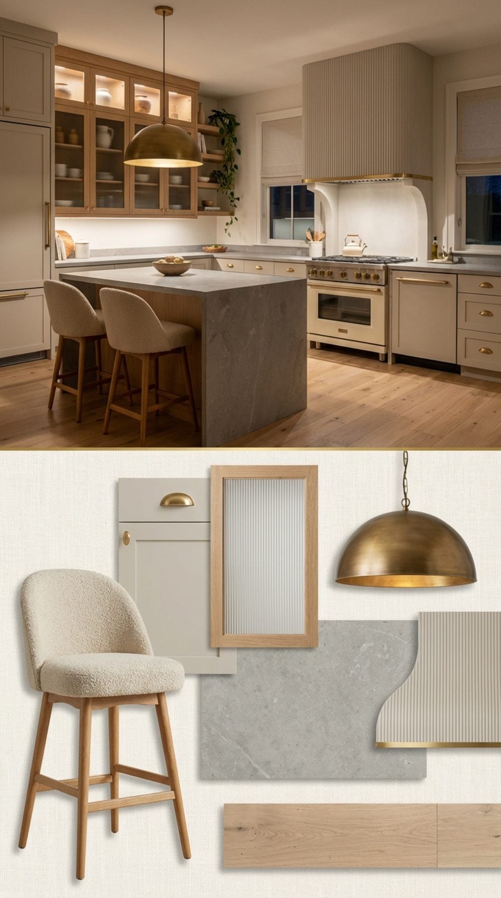 Soft Putty and Natural Oak Farmhouse Kitchen with Fluted Glass Uppers and Unlacquered Brass