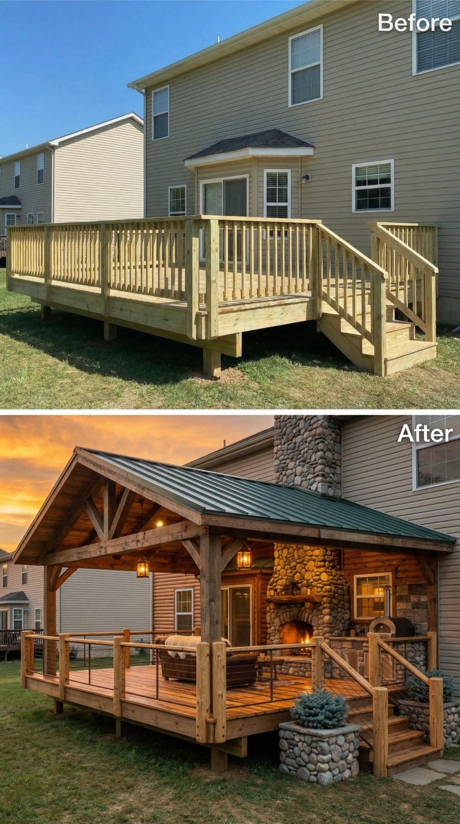 Builder-Basic Platform Rebuilt as Timber Frame Lodge with Stone Fireplace