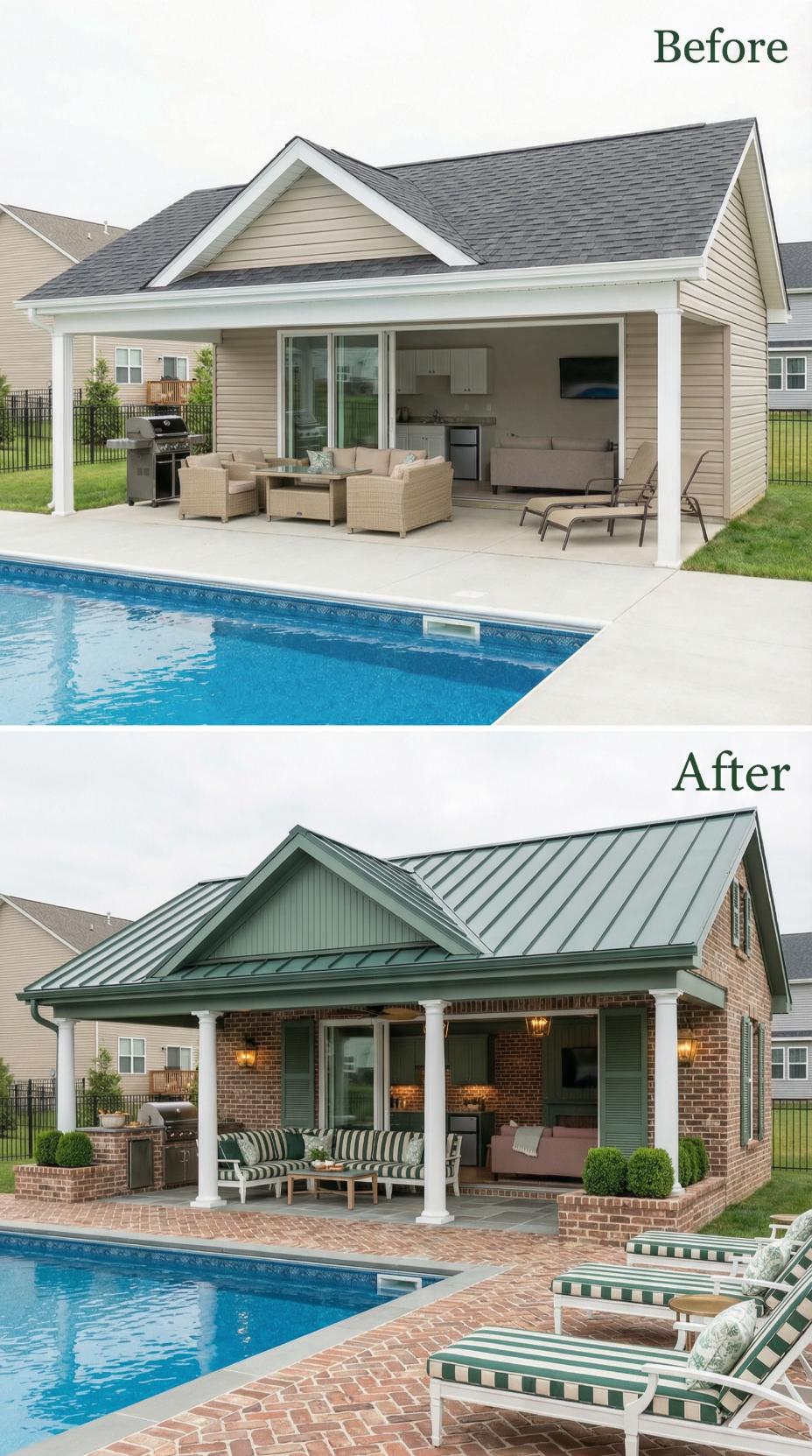 Standing Seam Metal in Sage Green and Red Brick Walls Enclose Pool Cabana