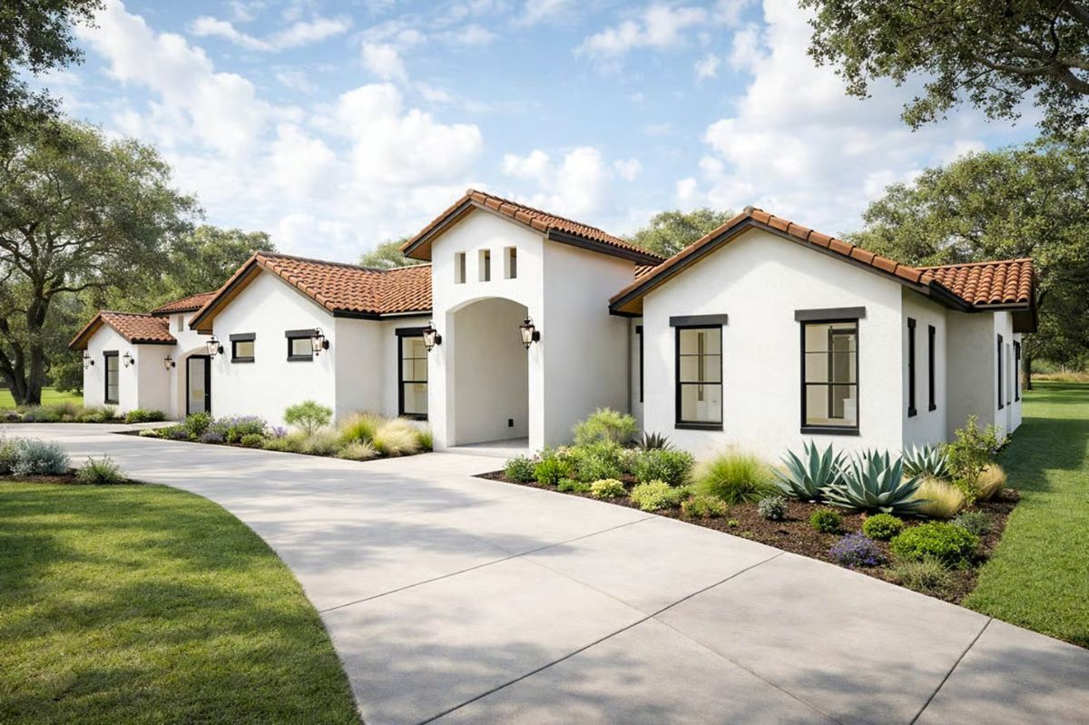 White Stucco Exterior with Terracotta Tile Roof and Arched Entry