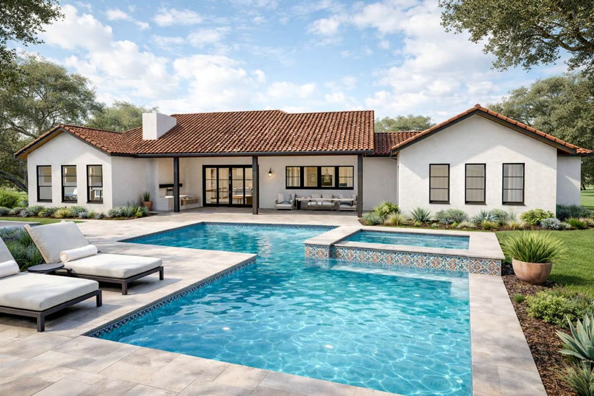 Backyard Pool with Covered Patio and Decorative Tile Accents