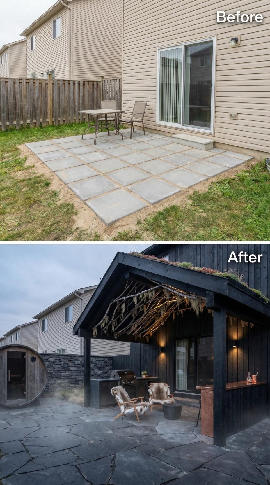 Black Pavilion with Green Roof Swallows Modest Concrete Paver Grid