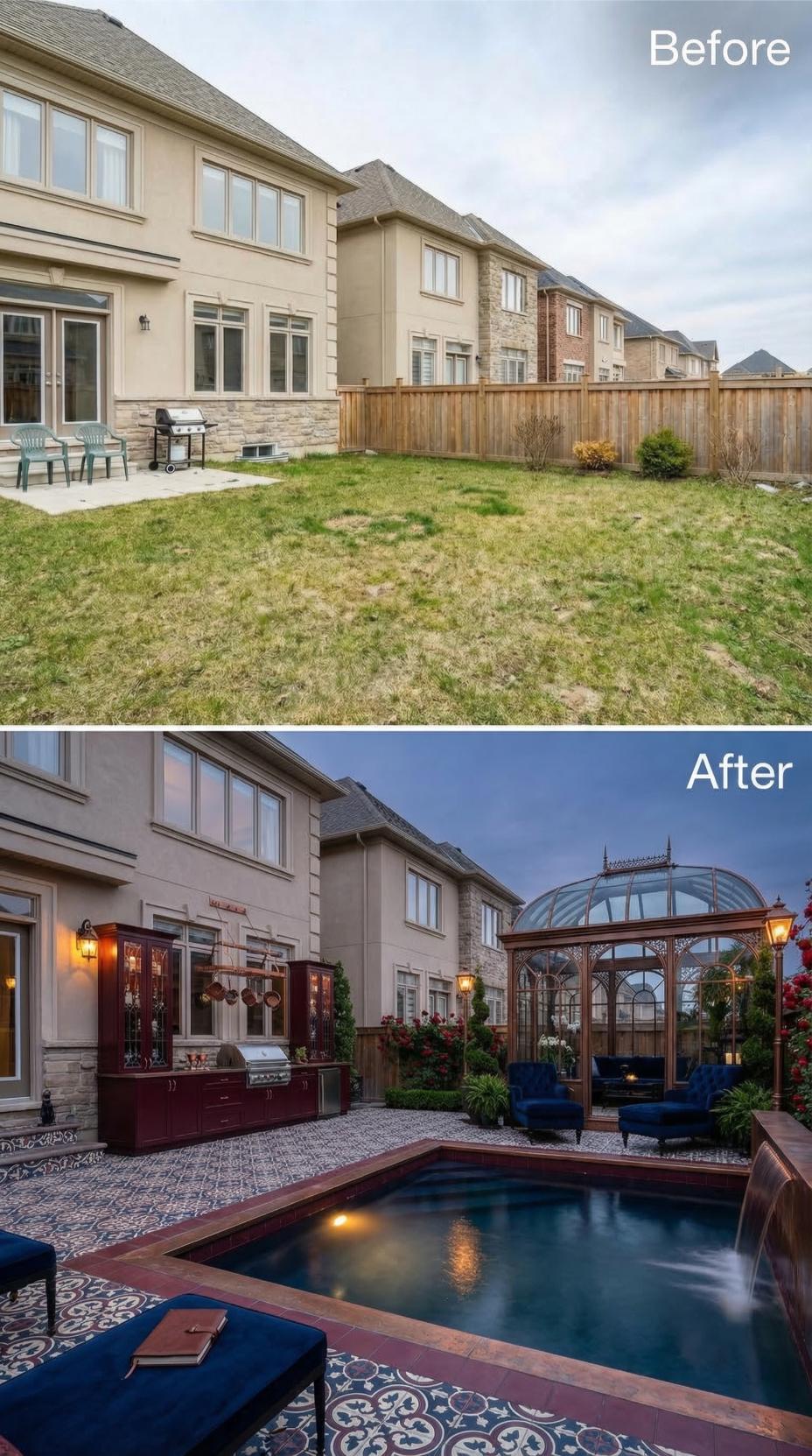 Victorian Greenhouse, Mosaic Pool Deck, and an Outdoor Kitchen Replace a Bare Suburban Lawn