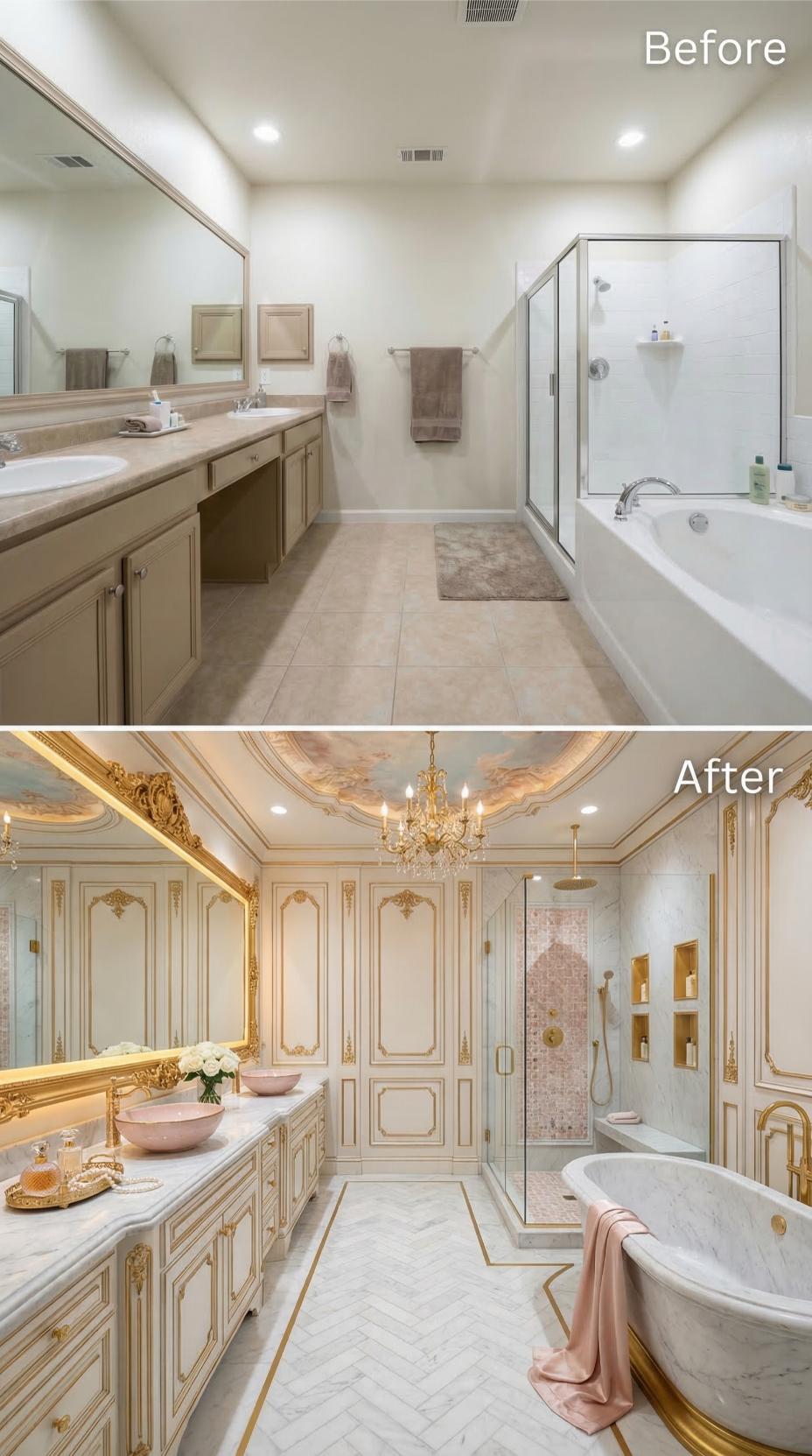 Painted Ceiling Murals, Gold Boiserie Panels, and a Marble Soaking Tub Replace Tan Cabinetry