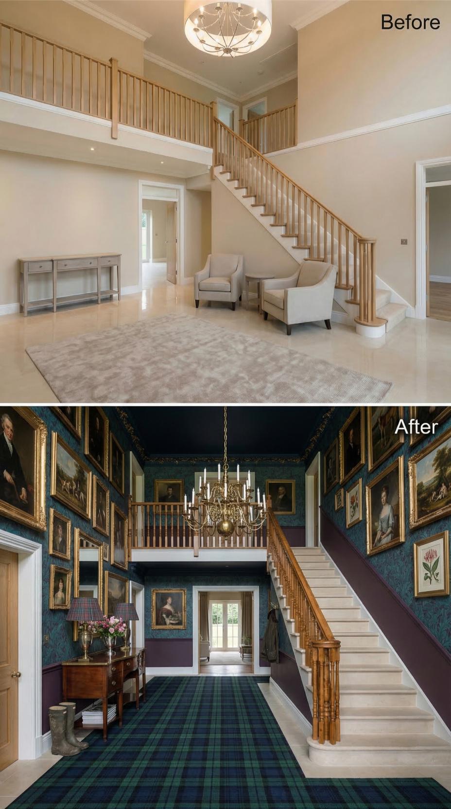 Tartan Carpet, Dark Wallpaper, and Portrait Gallery Walls Swallowed a Bland Builder Foyer