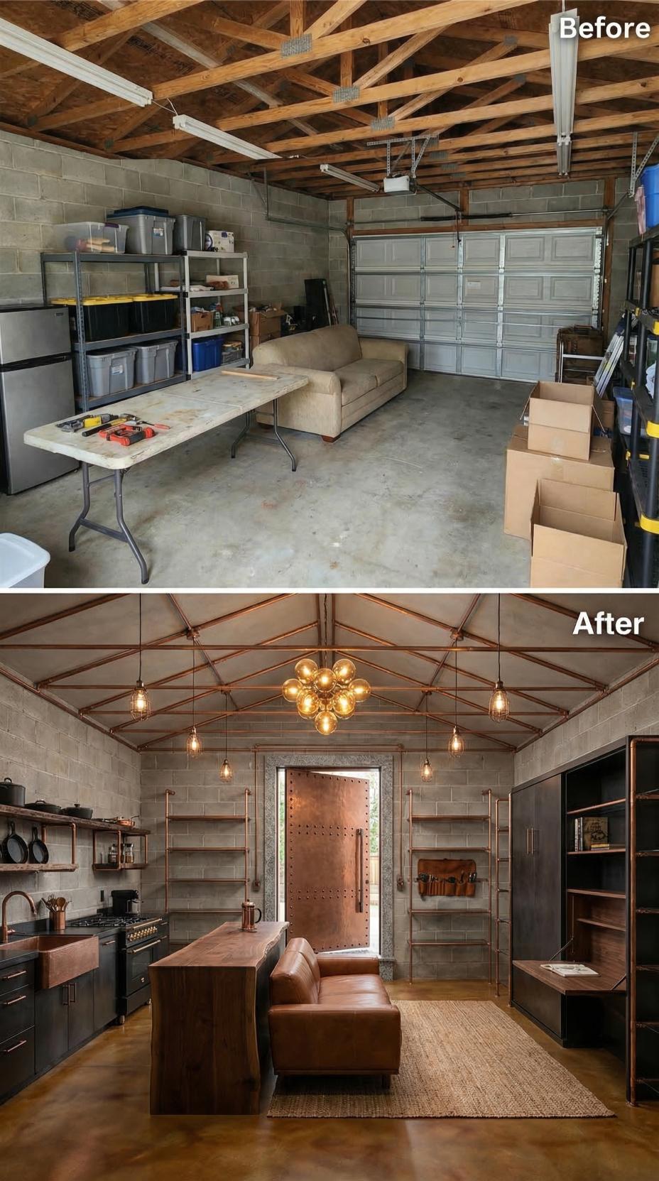 Copper Pipe Rafters and a Riveted Door Gave One Bare Garage an Industrial Lodge Interior