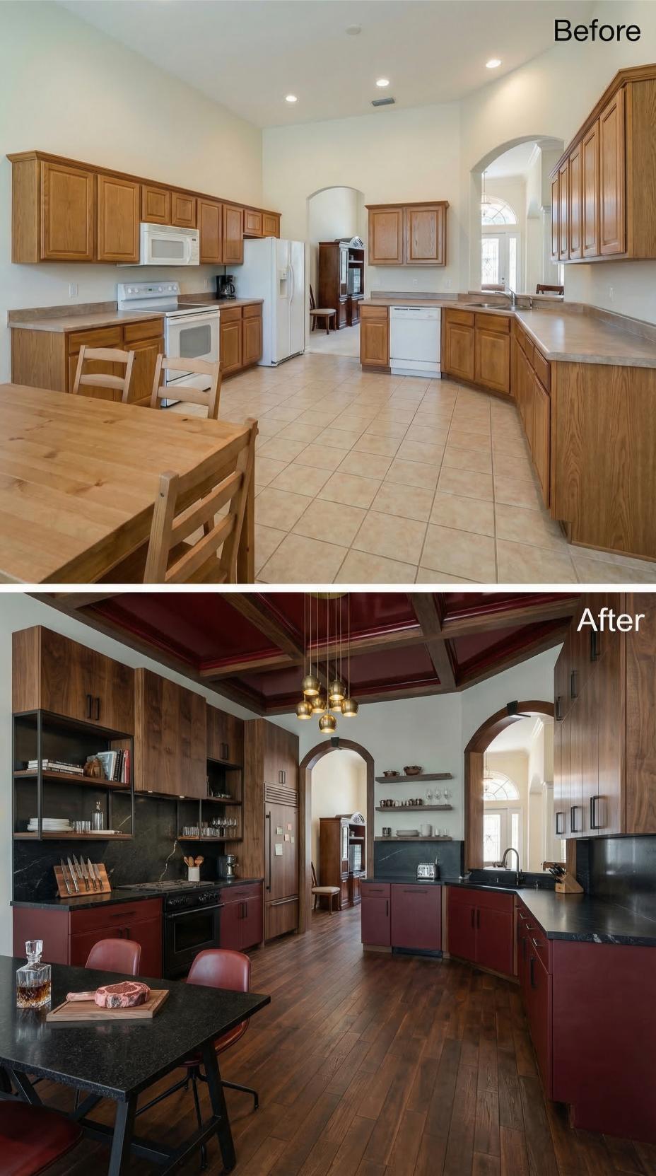 Crimson Lacquer Cabinets and a Coffered Ceiling Pull Builder Oak Into Dark Drama