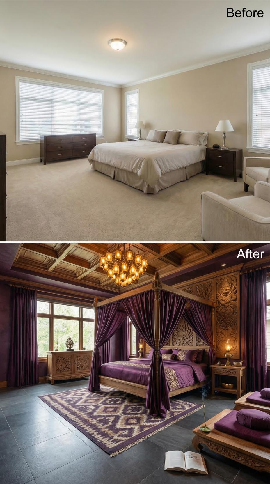 Carved Teak, Purple Silk Canopy, and Coffered Ceiling Replaced Beige Box and Carpet