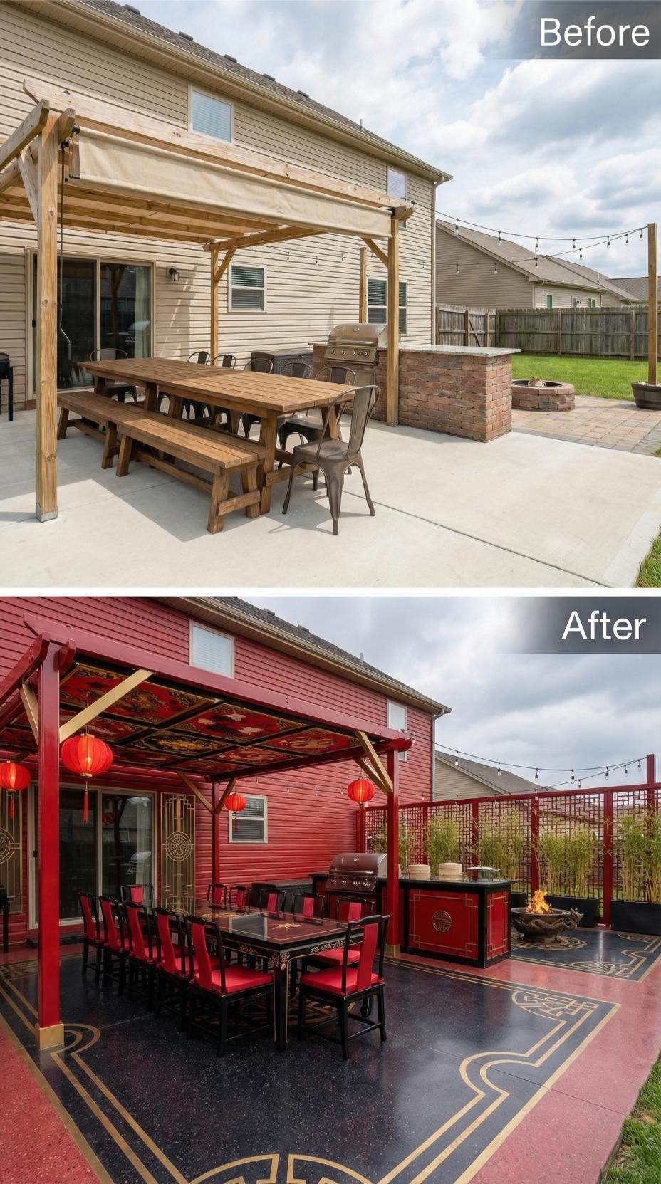 Natural Cedar to Lacquered Red Siding with Chinese Dining Set and Bamboo Screens