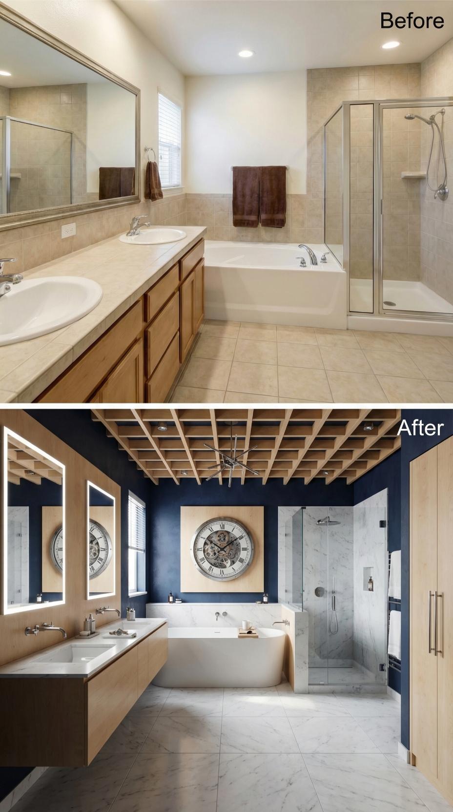 Navy Walls, a Grid Ceiling, and Freestanding Marble Tub Closed the Door on Oak Cabinets