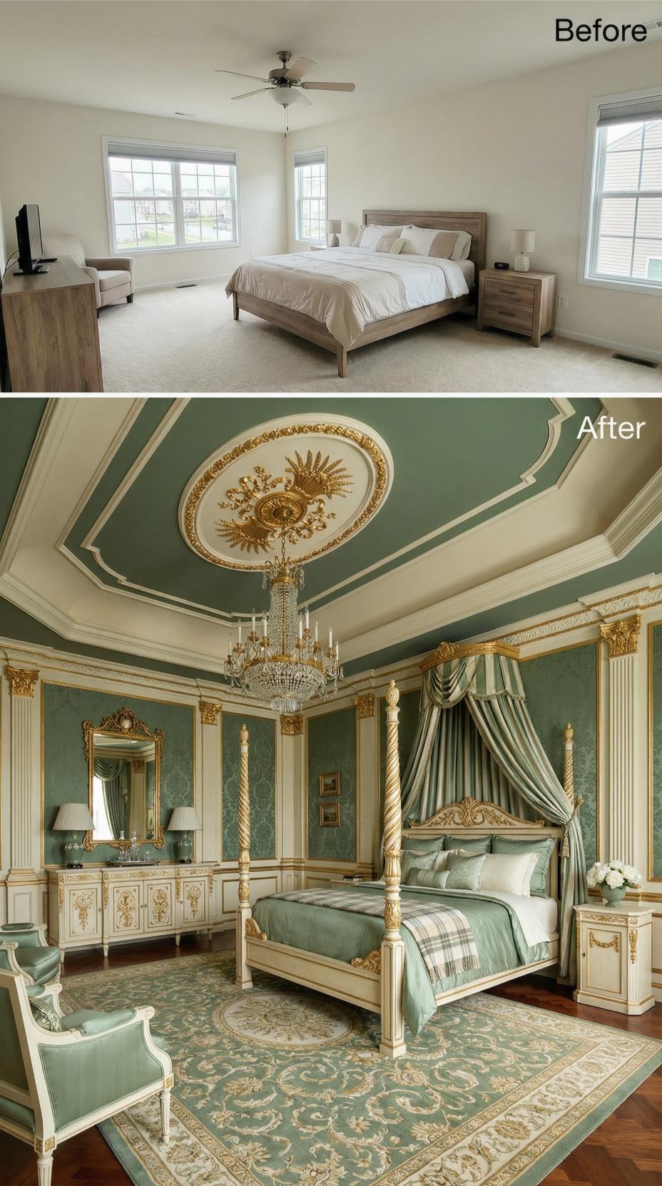 Sage Damask Walls, Crystal Chandelier, and Gold Leaf Moldings That Took Over the Ceiling