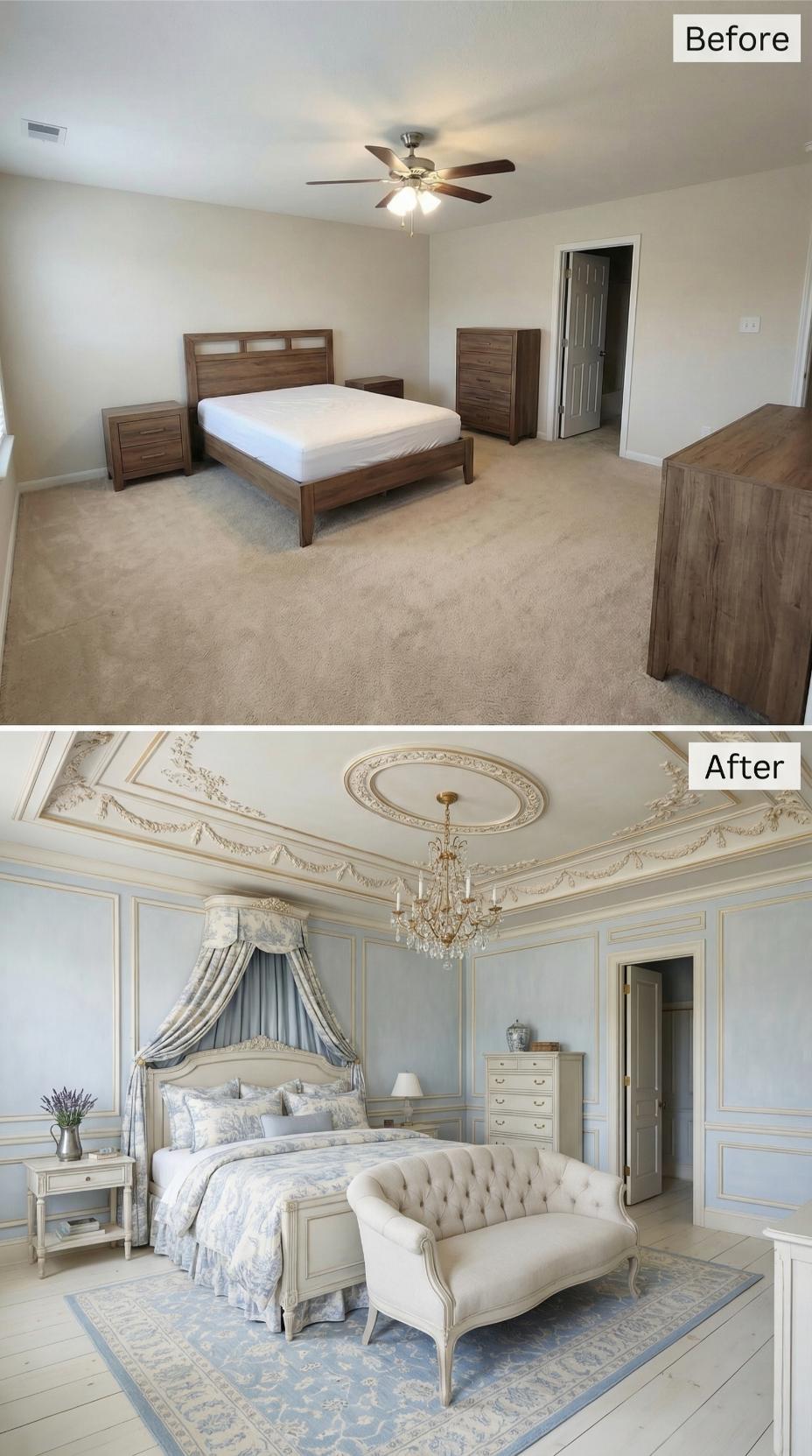 Parisian Plasterwork and Crystal Chandelier Replace Ceiling Fan Simplicity