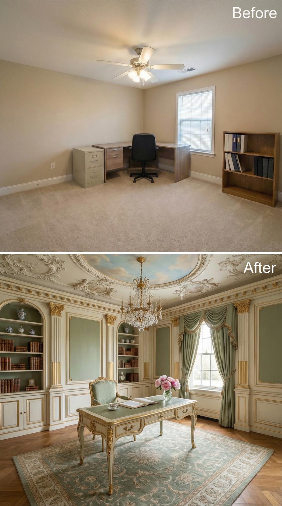 Gilded French Neoclassical Study with Painted Sky Dome and Crystal Chandelier