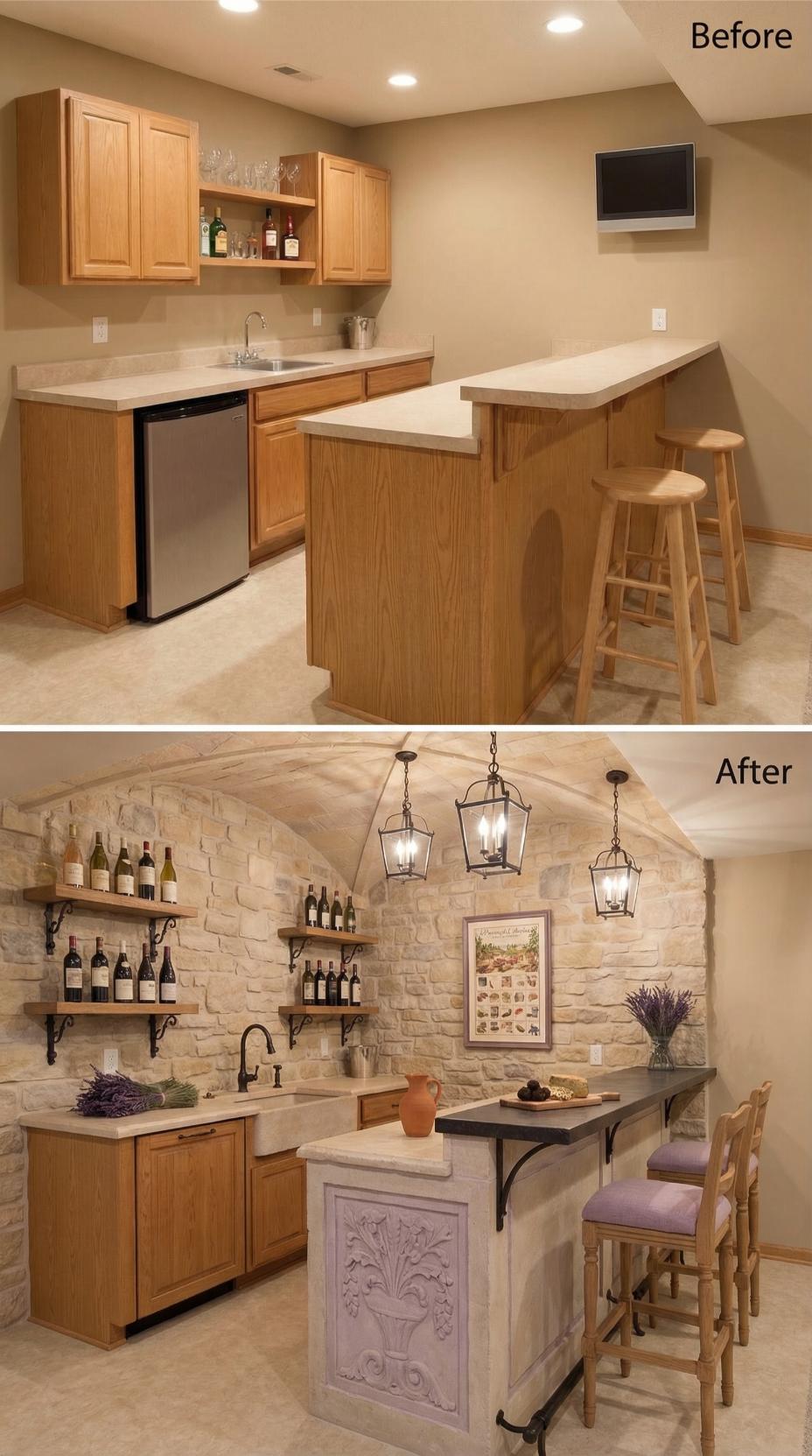 Stacked Stone Veneer and Lantern Pendants Transform Builder-Grade Oak Bar