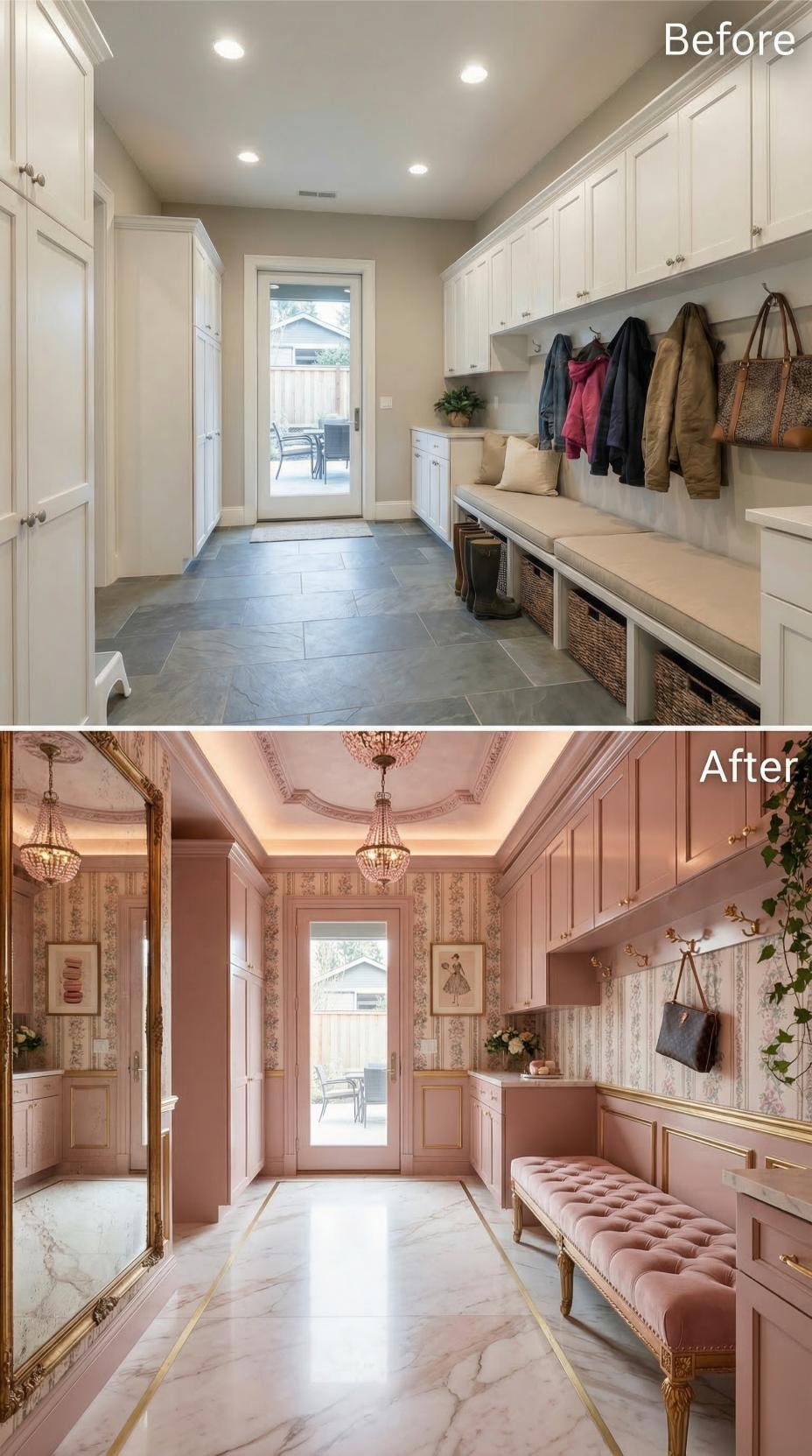 Dusty Rose Painted Paneling and Tufted Velvet Replace Gray Tile