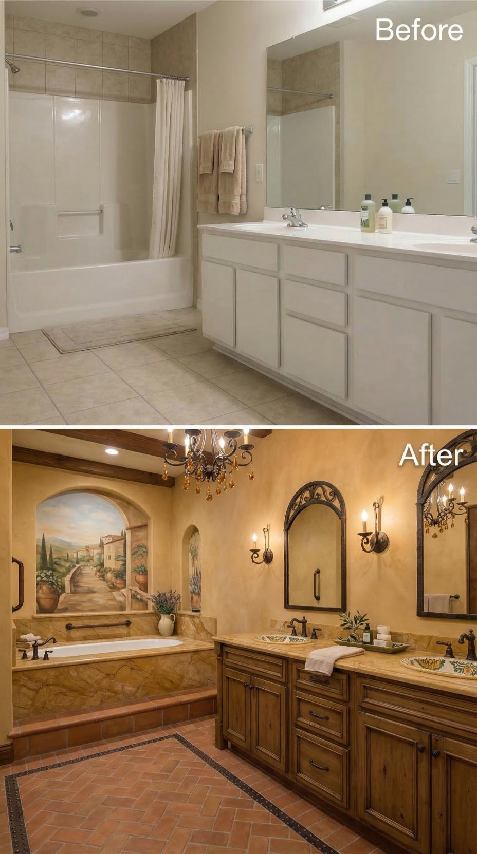 Tuscan Mural and Decorative Sinks with Wrought-Iron Sconces