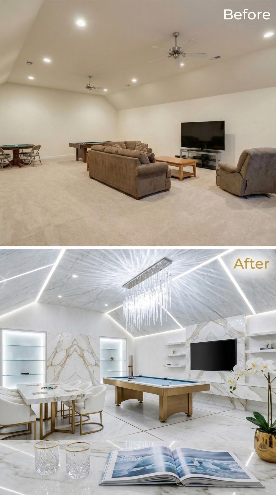 White Marble Chevron Walls and LED Strip Ceiling with Crystal Chandelier