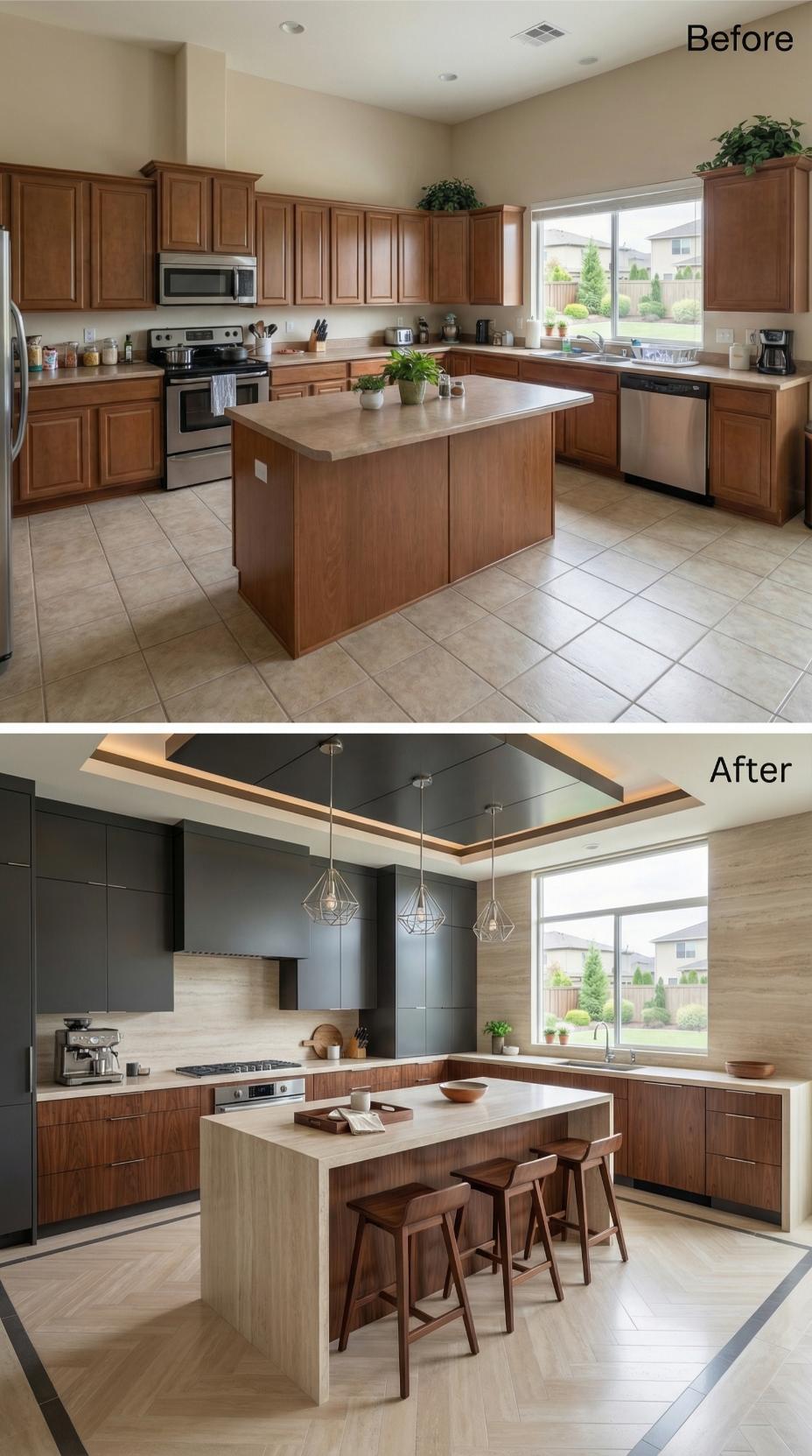 Geometric Pendant Trio and Charcoal Upper Cabinets Over Walnut Base