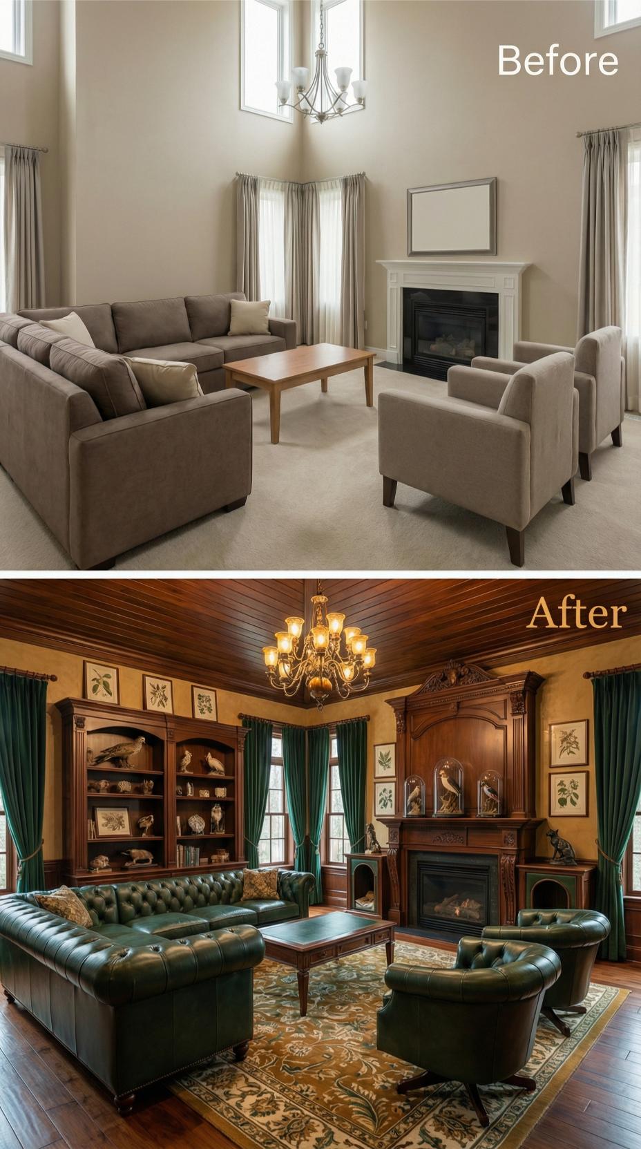 Emerald Chesterfield Sofas and Carved Fireplace Surround Overturn Beige