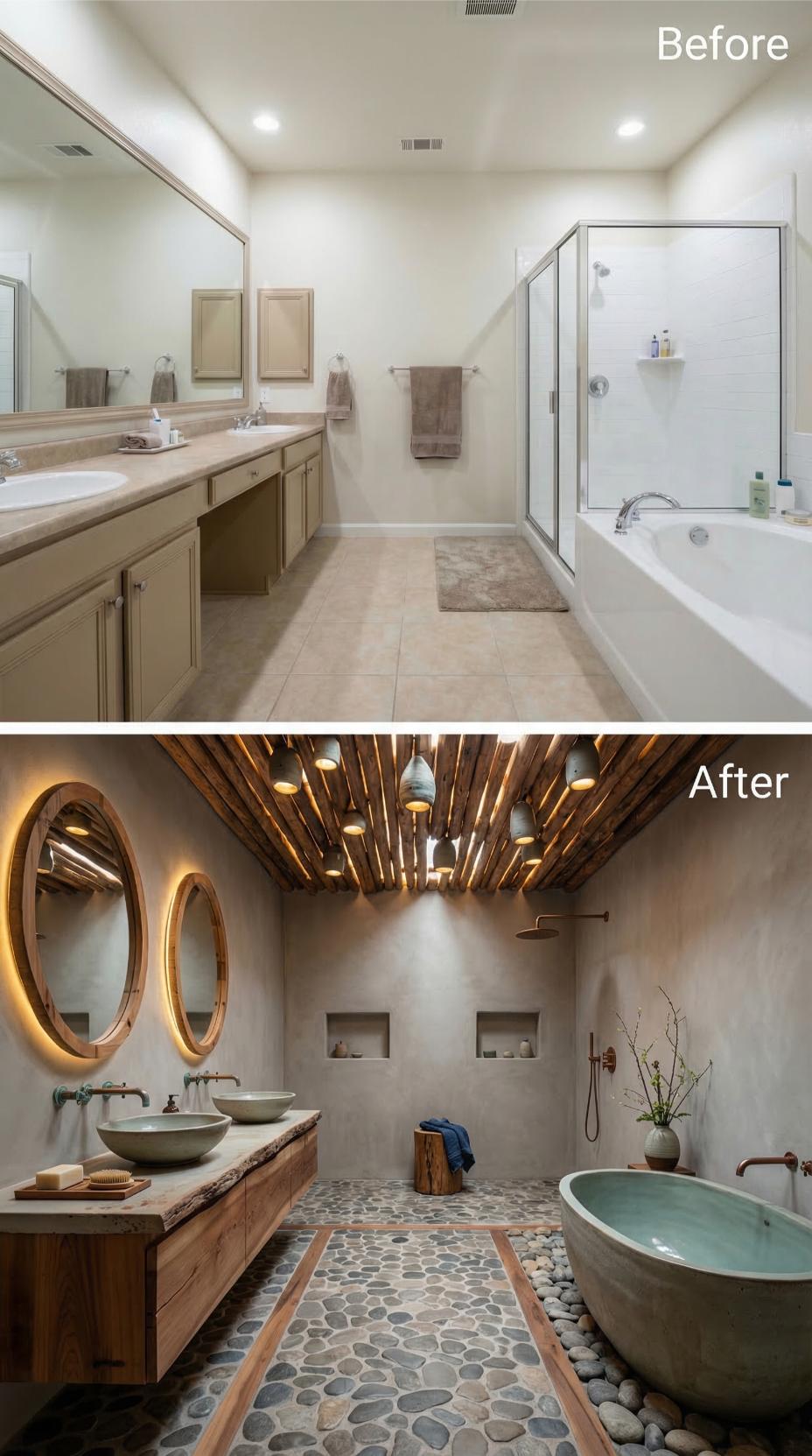 Exposed Timber Rafters, River Stone Floors, and Concrete Plaster Replaced a Double Vanity