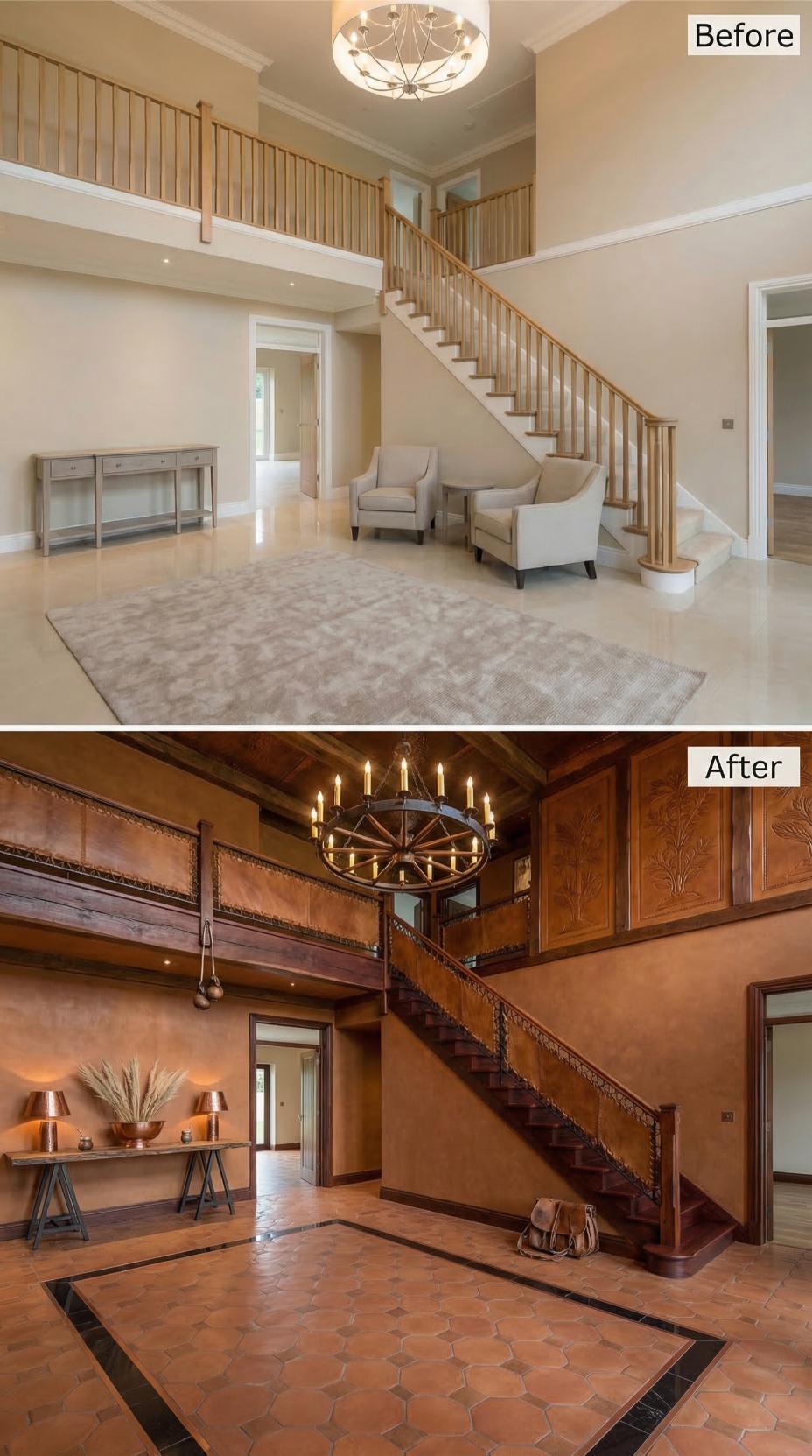 Copper-Paneled Balustrades, Wheel Chandelier, and Carved Wood Panels Buried the Beige