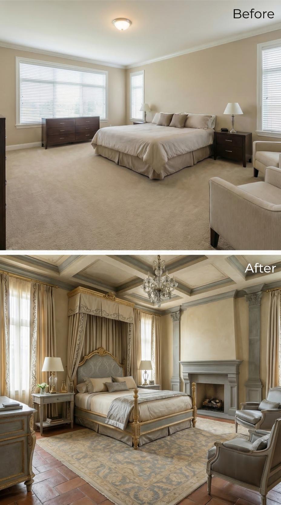 Gold Canopy Bed and Coffered Ceiling Replaced Carpet and Builder Beige