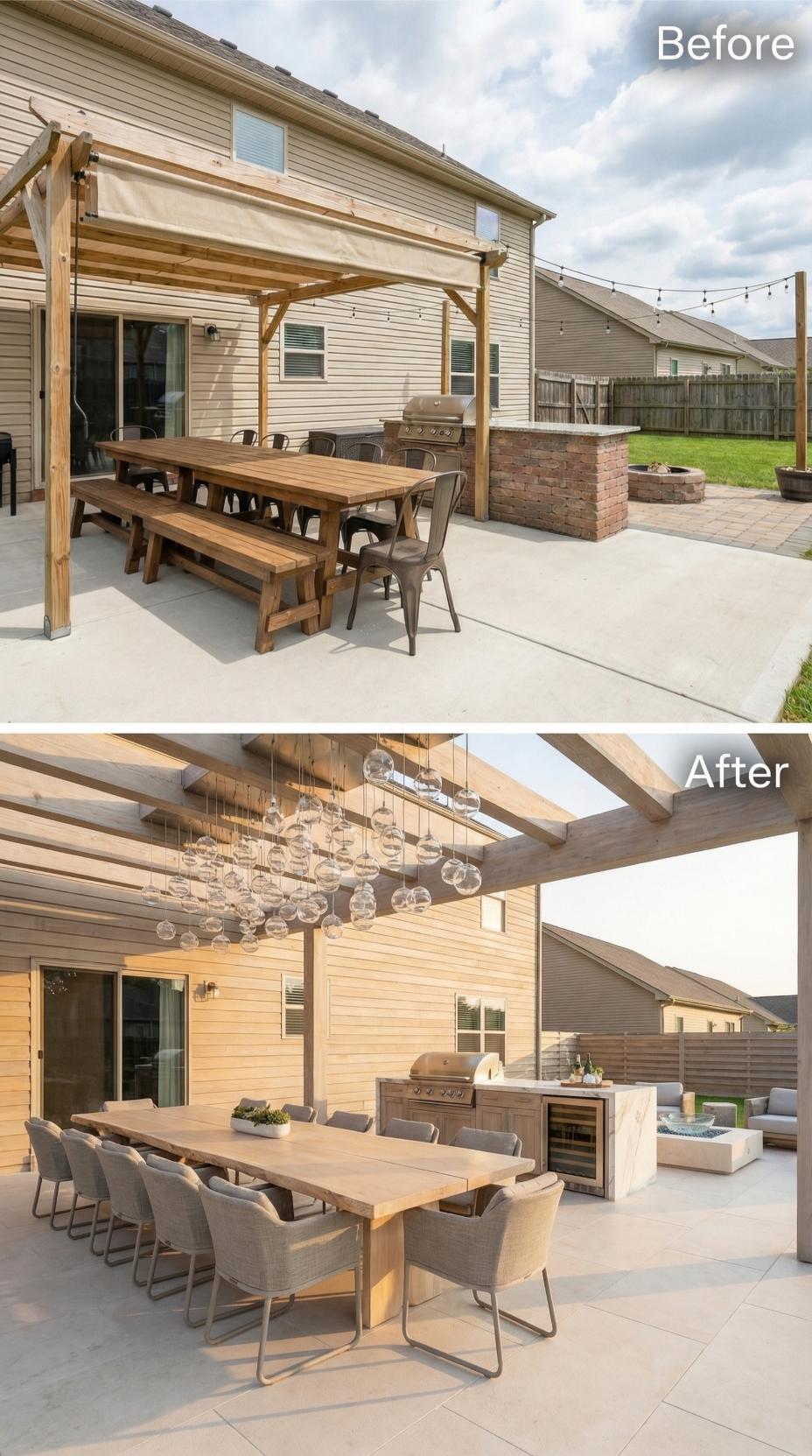 Fabric Canopy Replaced by Exposed Beam Pergola and Integrated Outdoor Kitchen