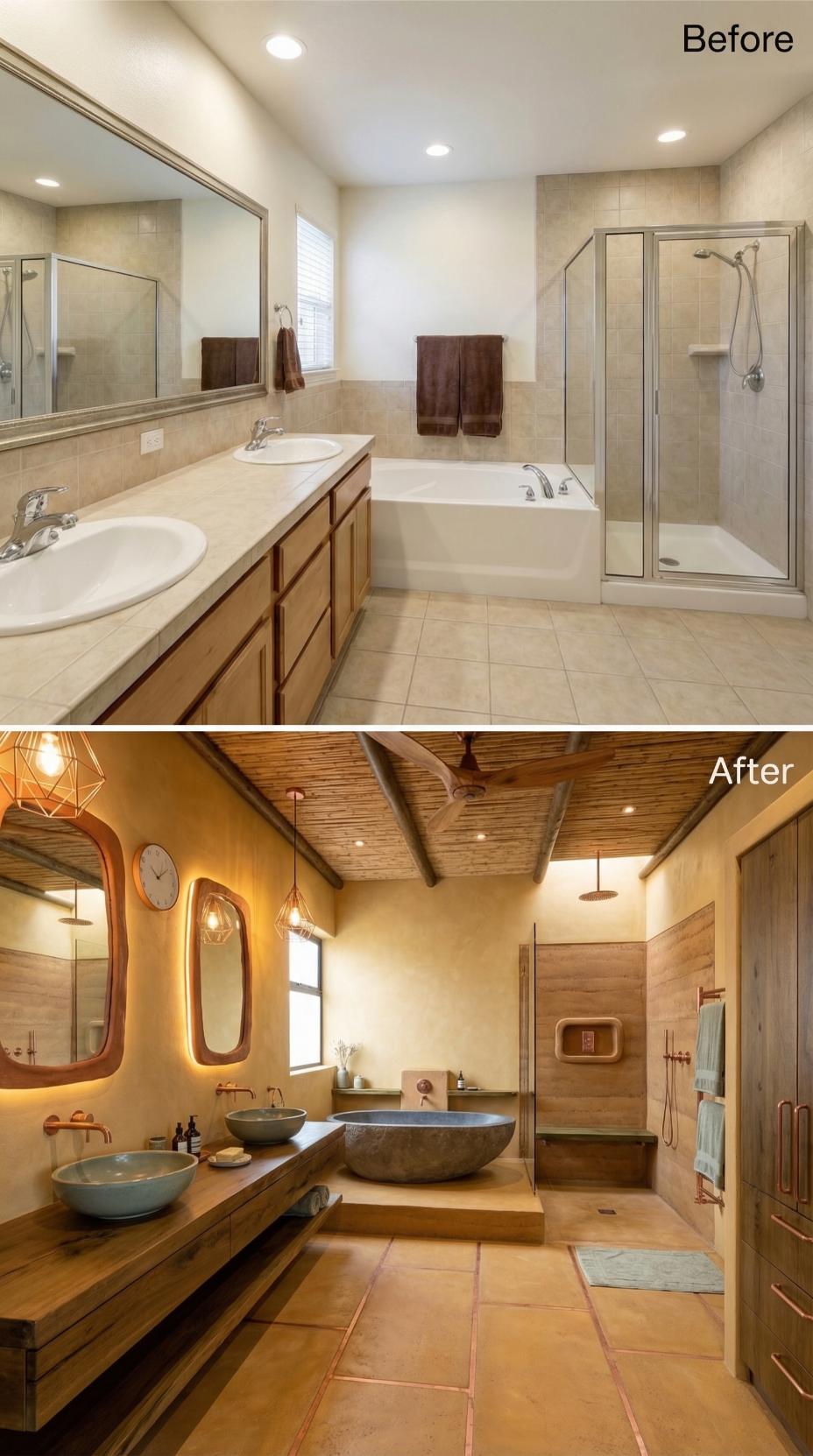 Bamboo Ceiling, River Stone Vessel Sinks, and Copper Fixtures Replaced Oak Cabinets Entirely