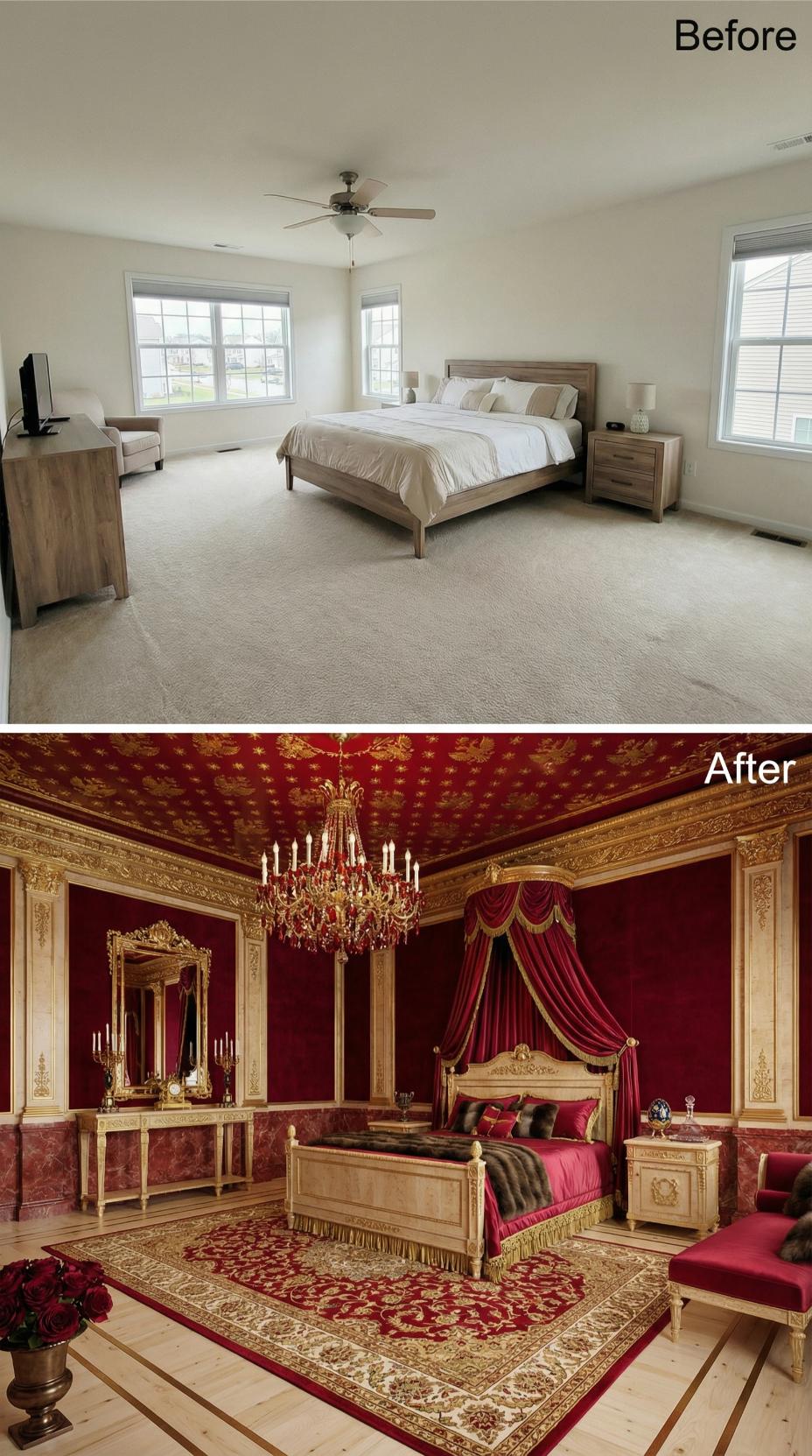 Crimson Velvet Canopy, Gilded Baroque Bed Frame, and a Ceiling Covered in Gold Damask