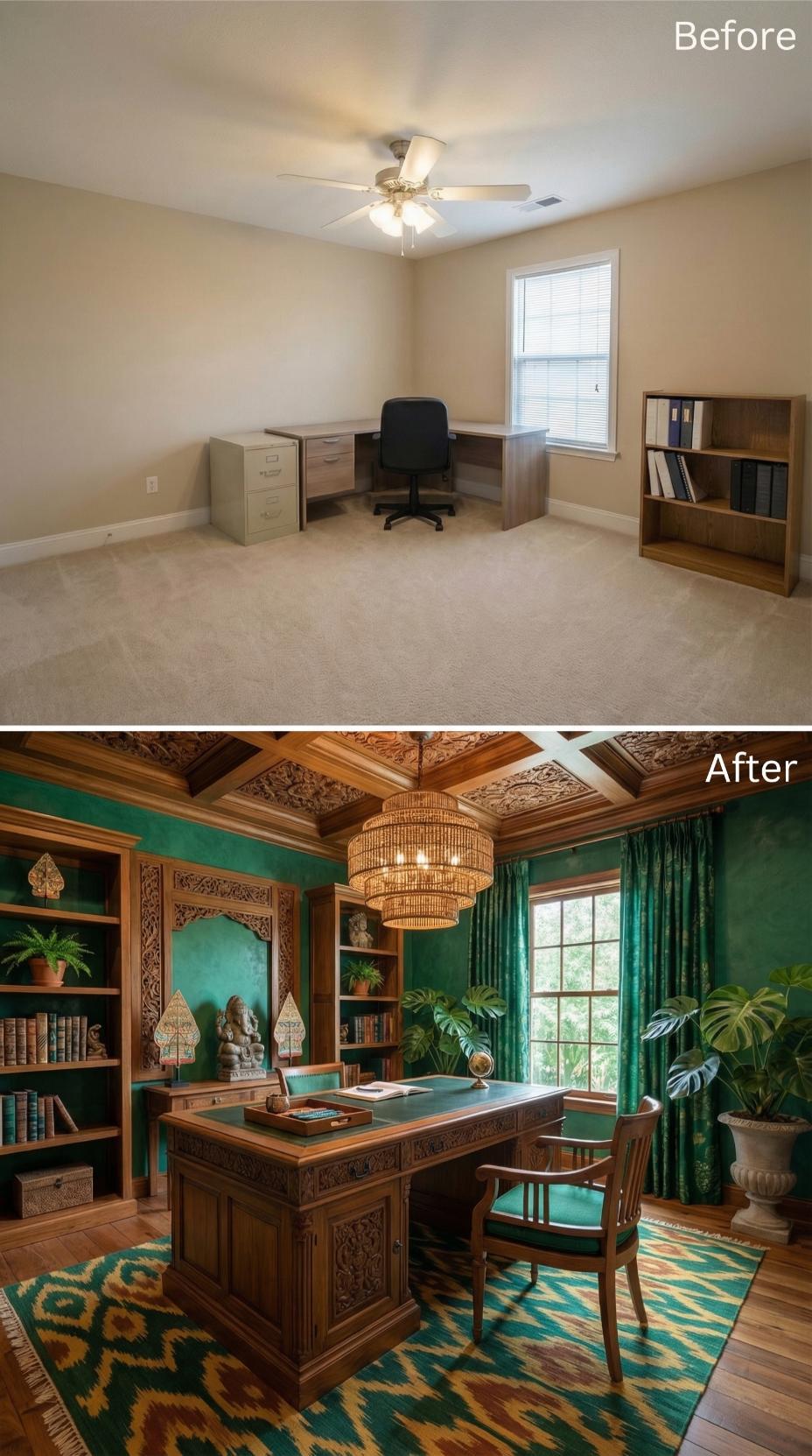 Rich Teal Walls and Indonesian Carved Woodwork Command an Executive Study