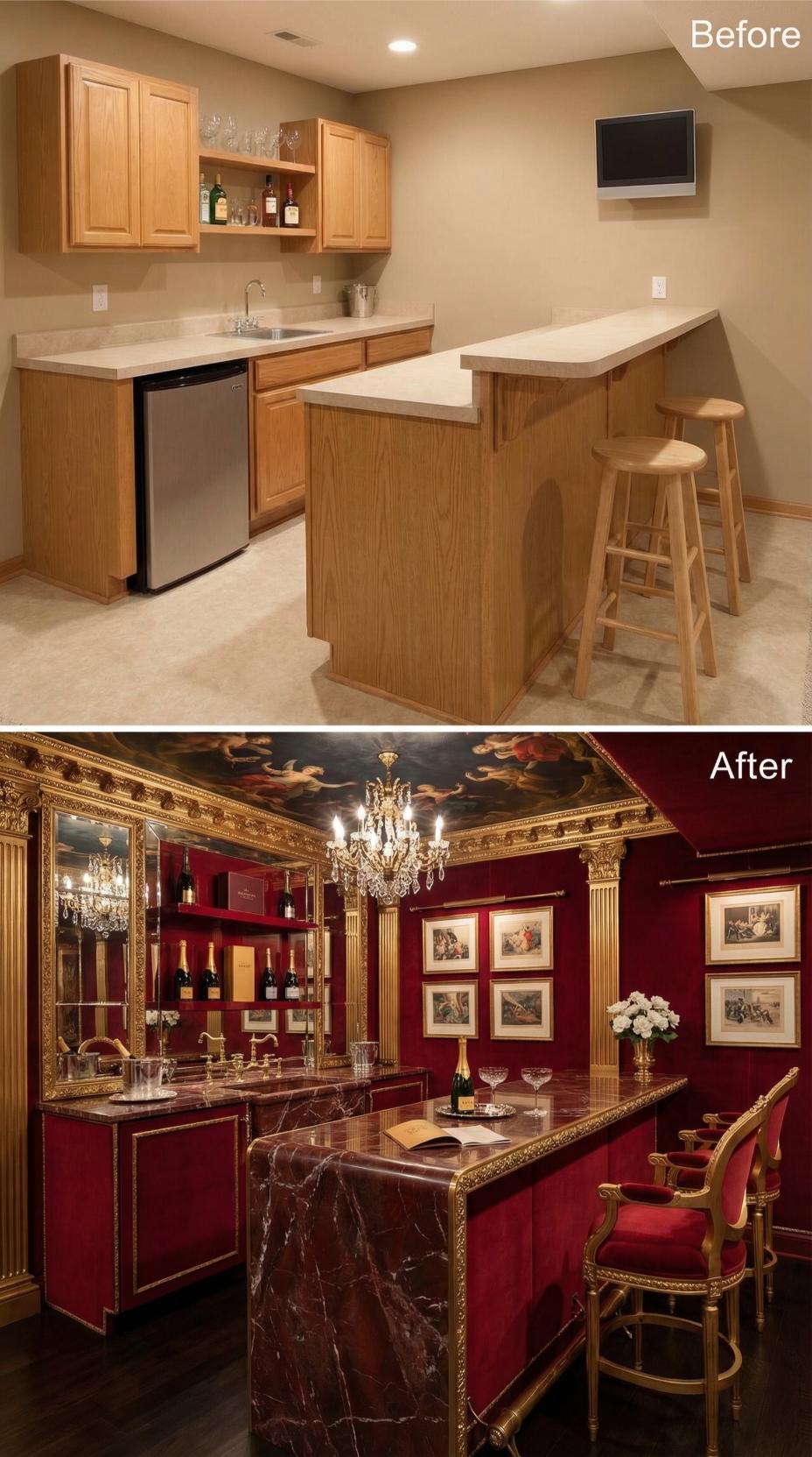 Crystal Chandelier and Frescoed Ceiling Replace Beige Oak Basement