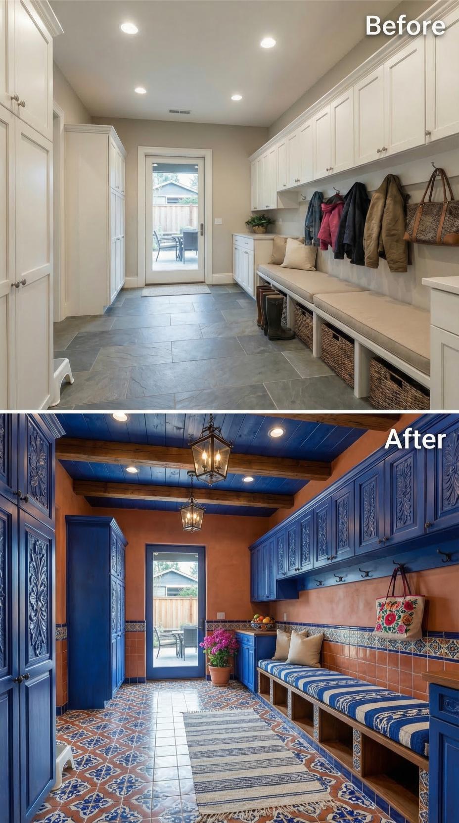 Cobalt Carved Cabinets and Terracotta Tile Replace Neutral Shaker