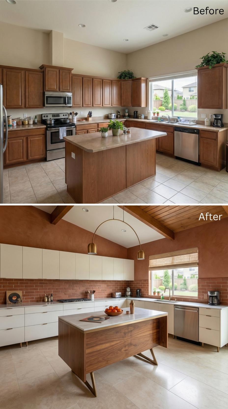 Terracotta Subway Tile and Vaulted Wood Ceiling With Brass Pendant Pair