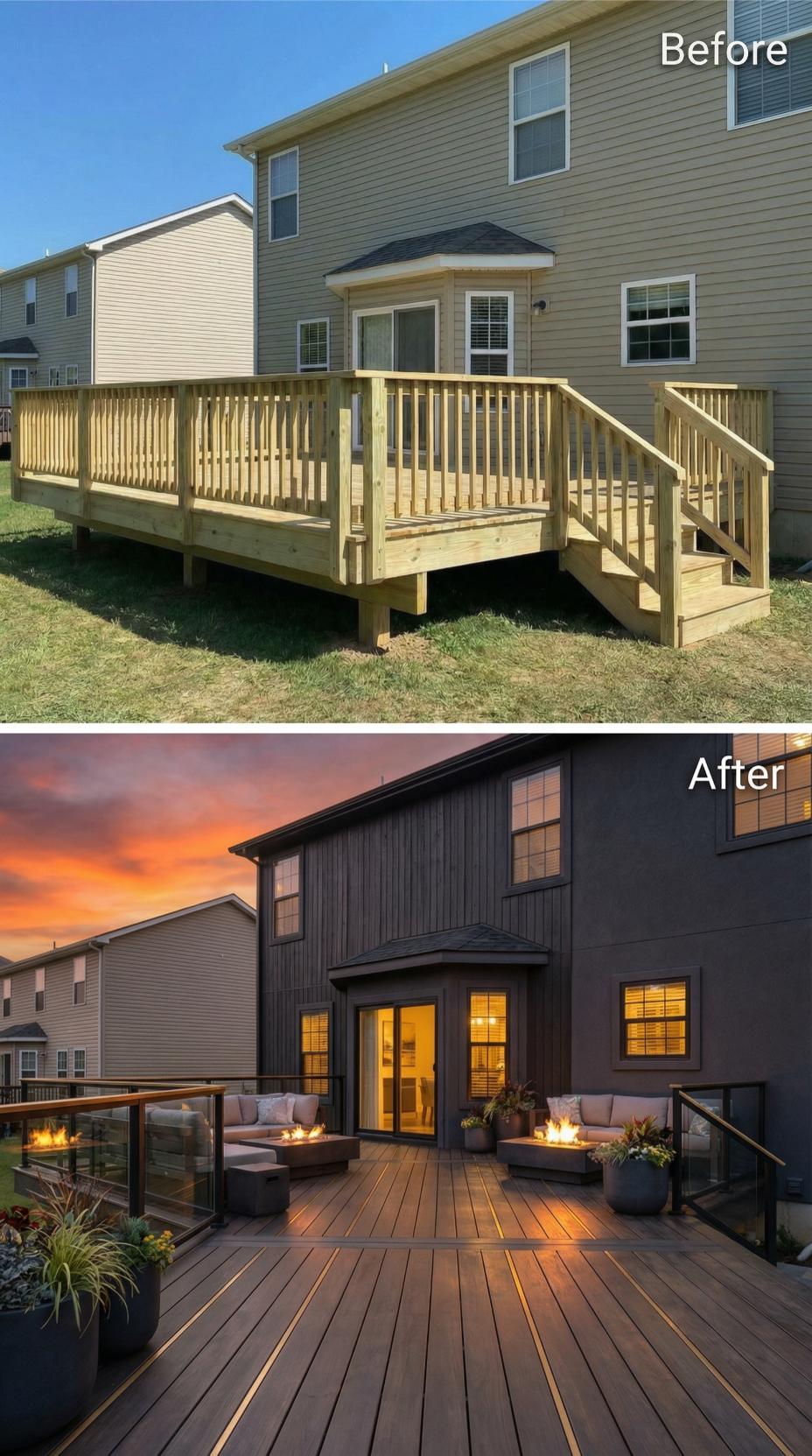 Weathered Pine Replaced by Charcoal Vertical Siding and Glass Railing