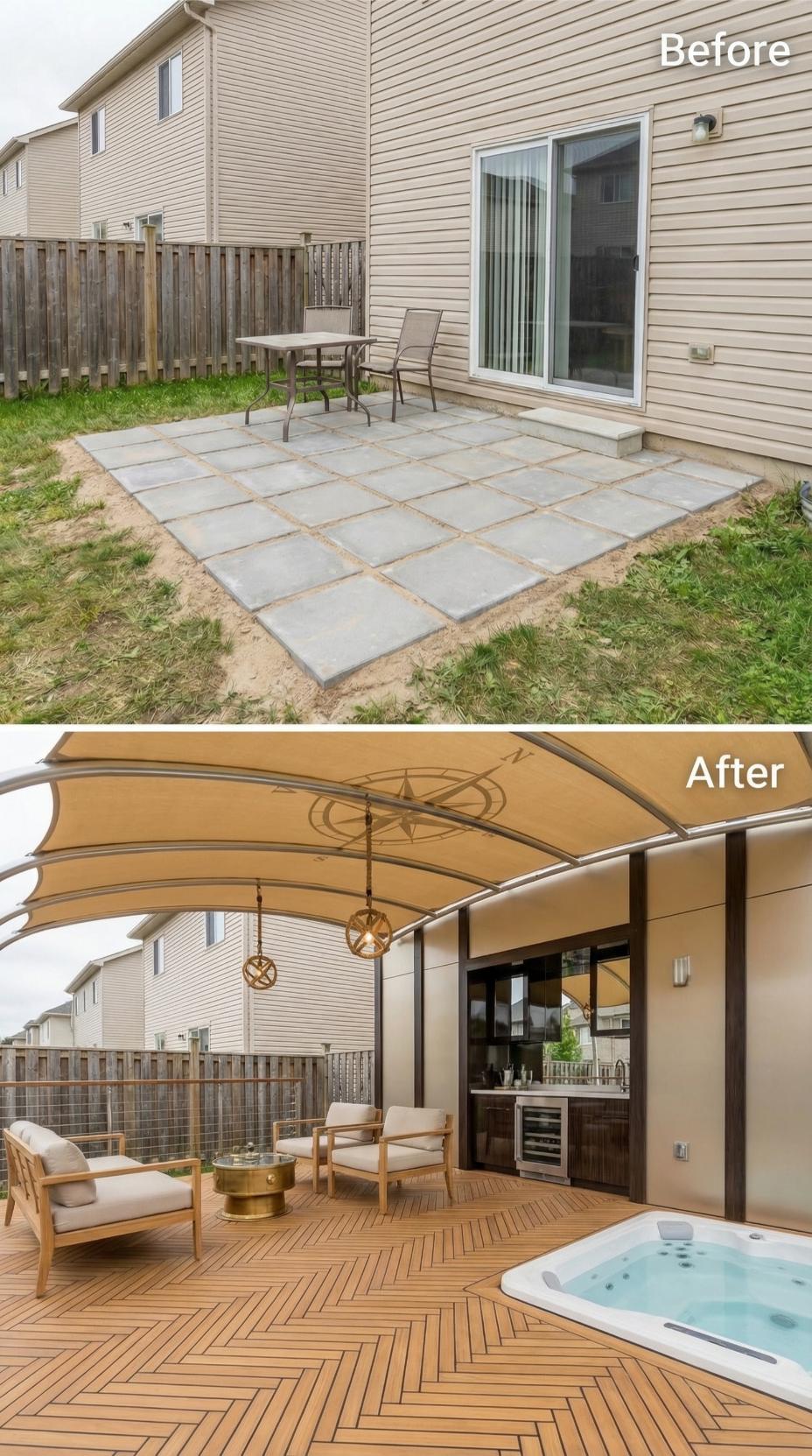 Curved Copper Canopy with Herringbone Teak Deck and Built-In Bar