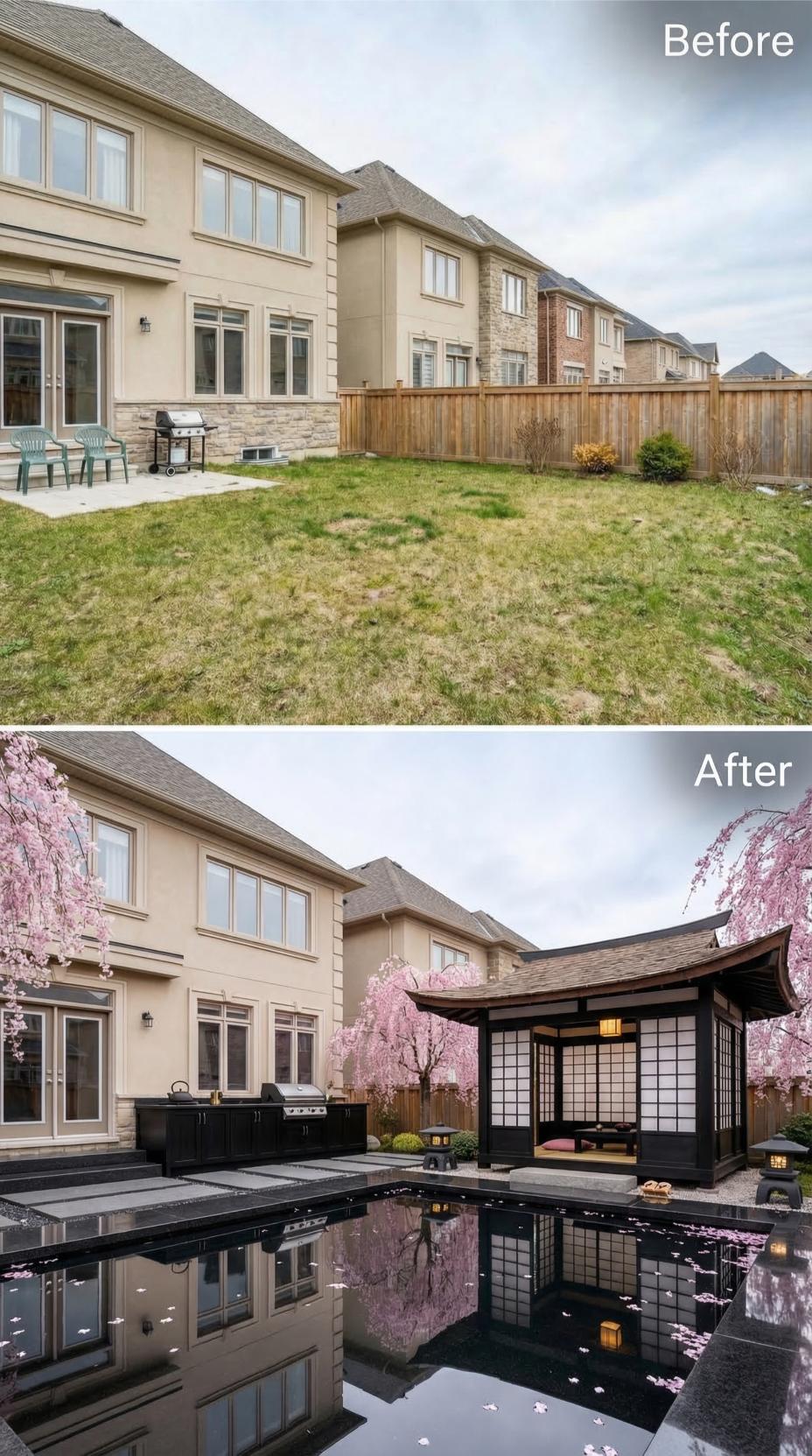Tatami Pavilion, Koi-Black Reflecting Pool, and Weeping Cherry Trees Replace a Builder Lawn